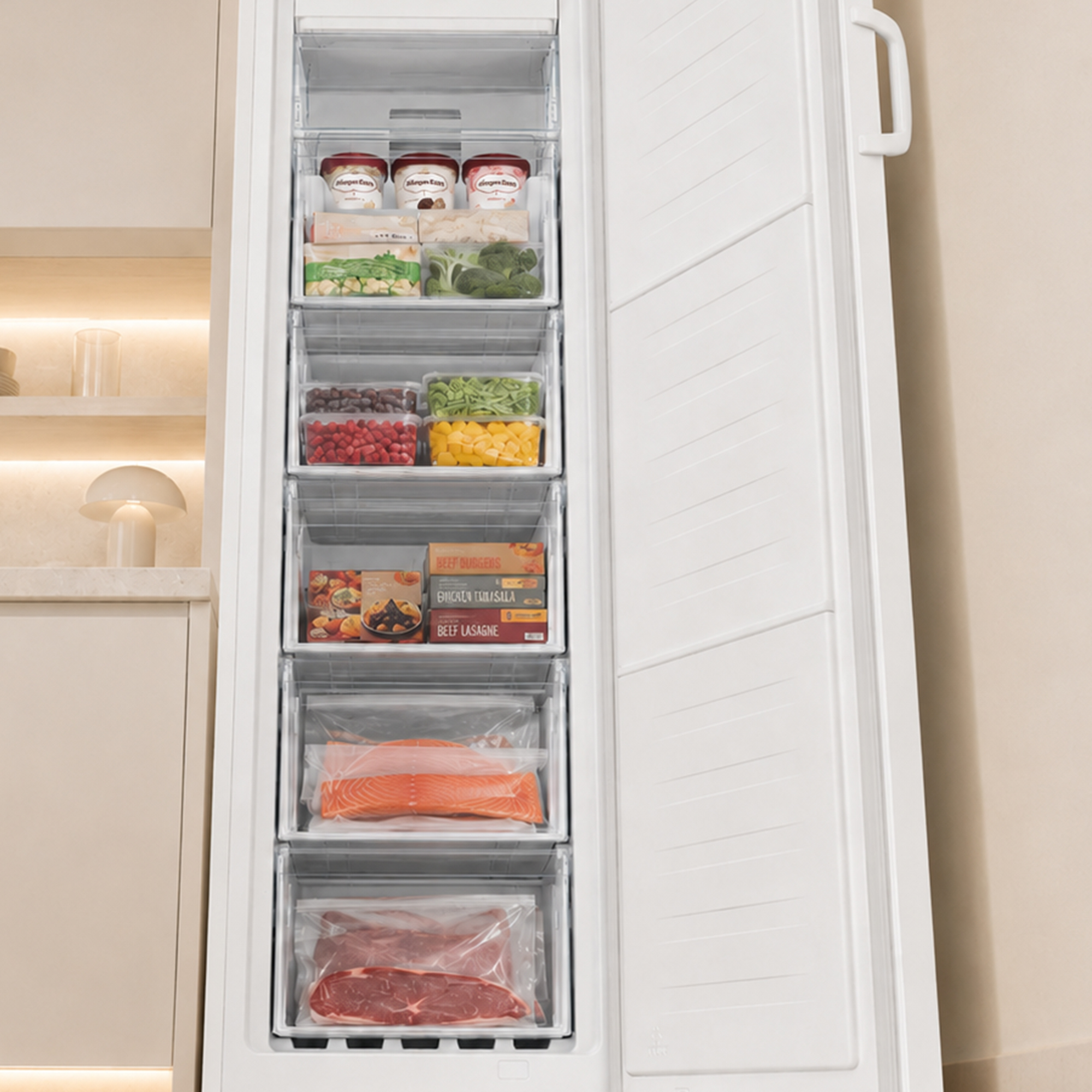Ein aufrechter Gefrierschrank mit 6 Schubladen, gefüllt mit Lebensmitteln wie Eis, Beeren, Gemüse und Fleisch.