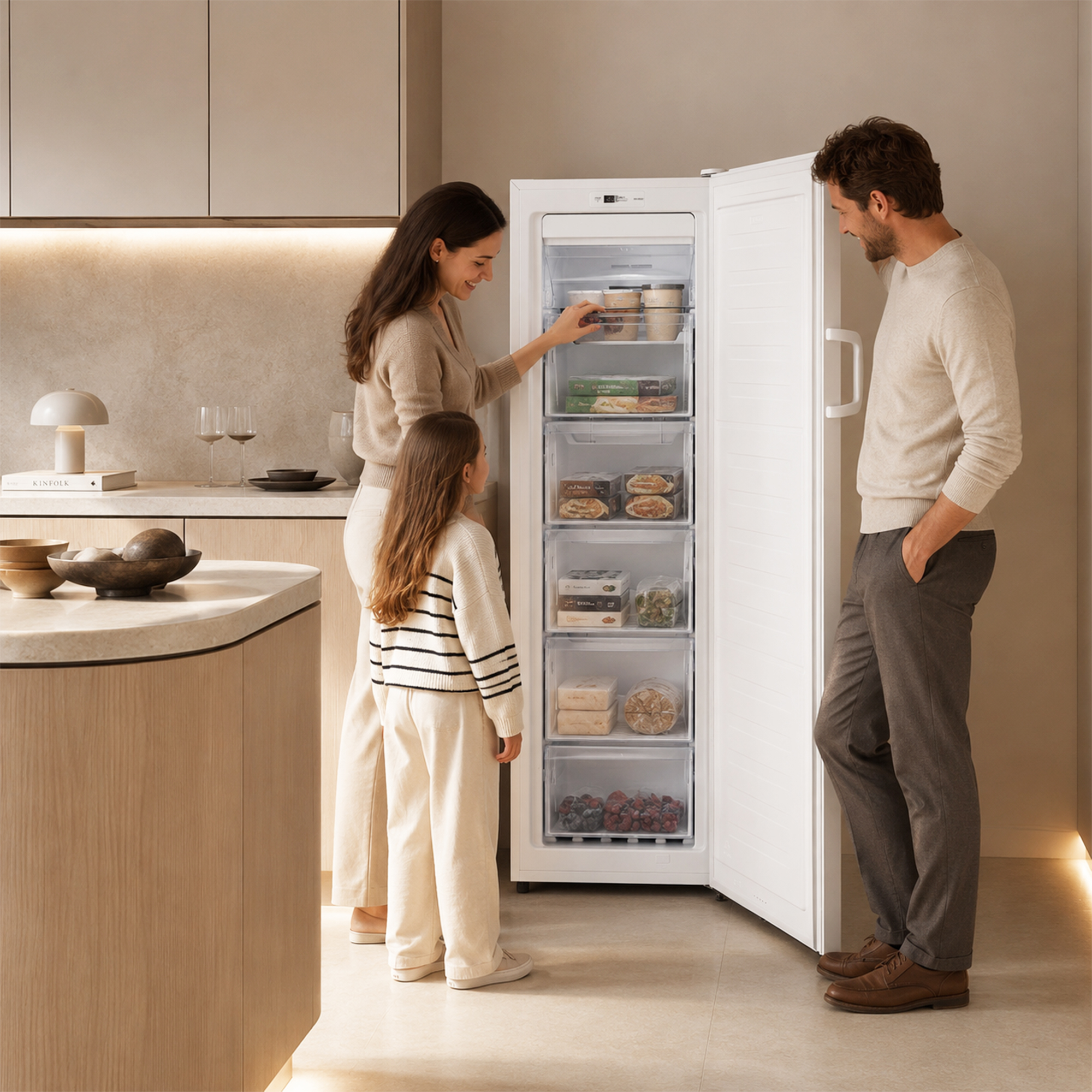 Eine Familie in einer Küche schaut in einen offenen Gefrierschrank mit Lebensmitteln.