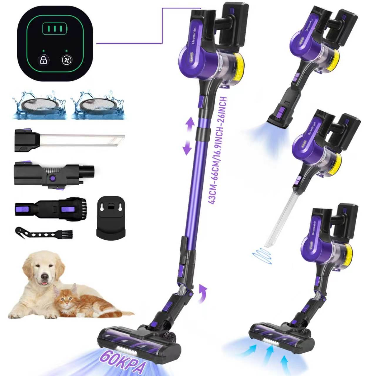 Aspirapolvere a scopa viola con accessori, display, cane e gatto.