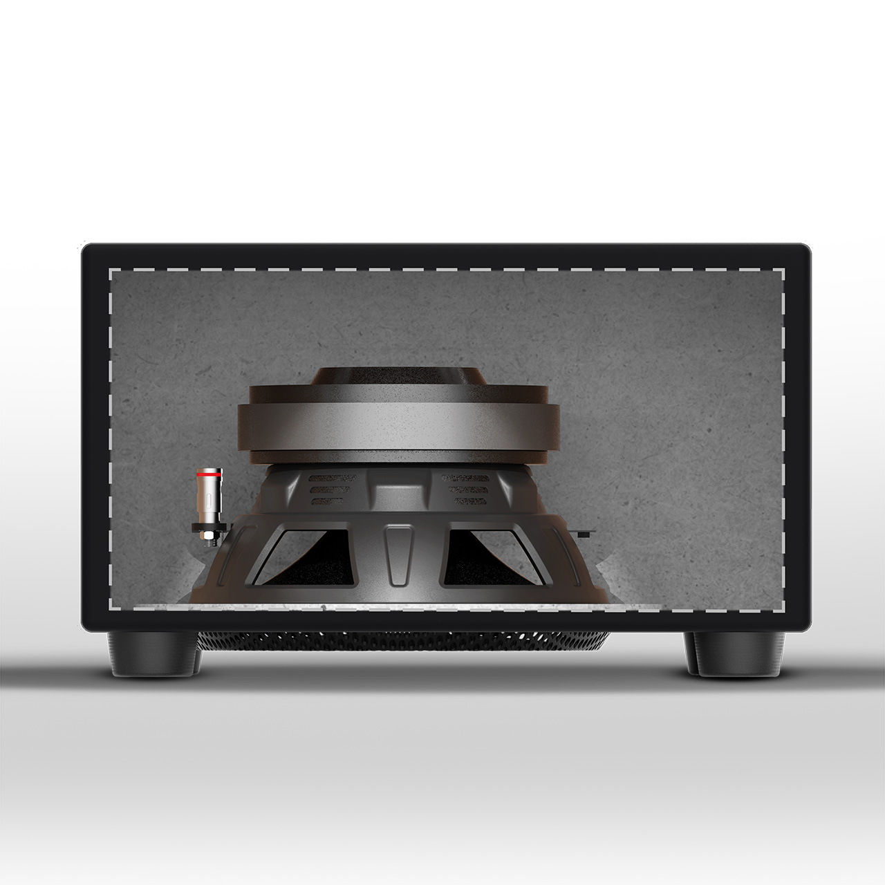 Ein Subwoofer mit schwarzem Korb und silbernem Anschluss ist in einem schwarzen Gehäuse montiert.