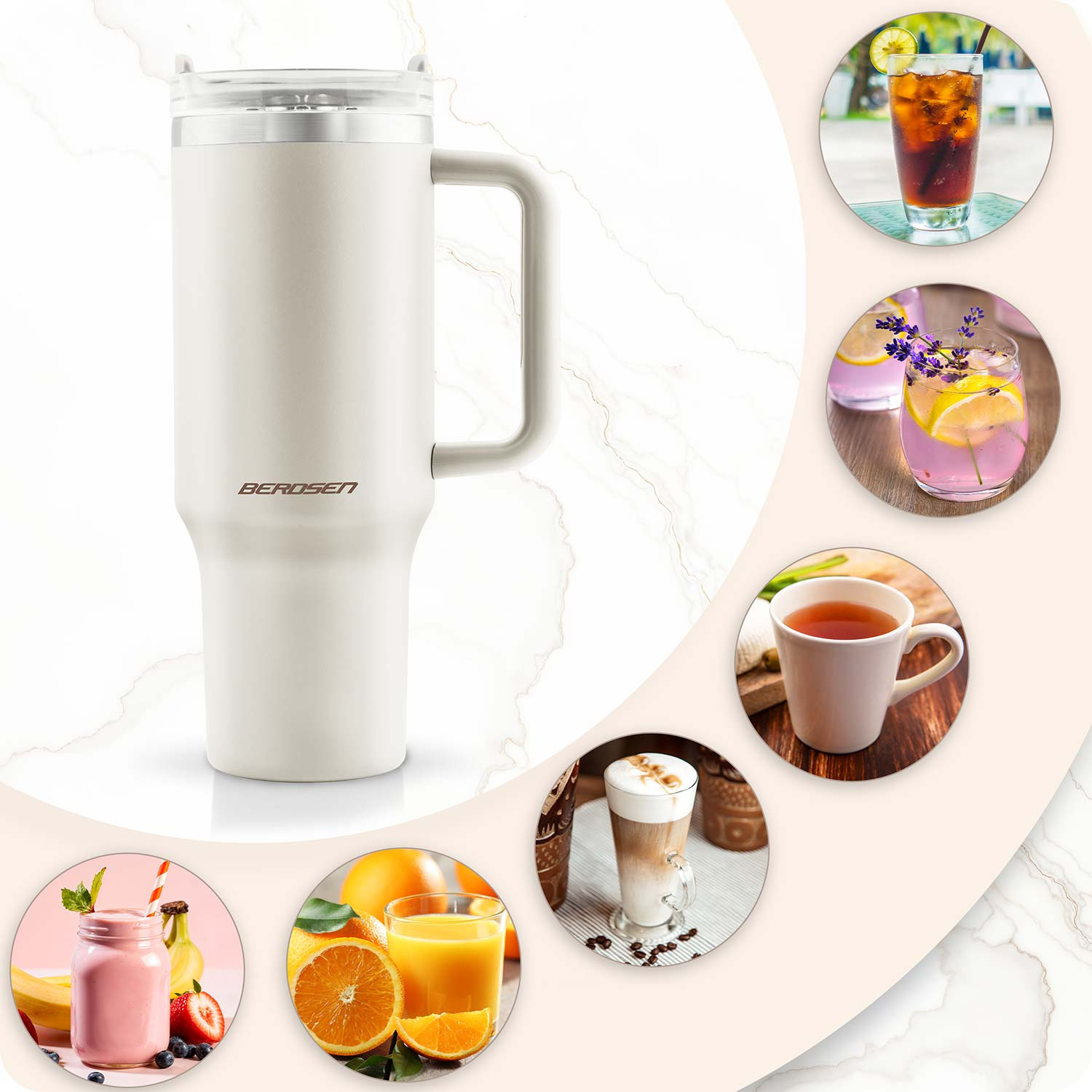 Biały kubek z uchwytem, otoczony małymi kółkami z napojami: mrożona herbata, lemoniada lawendowa, latte macchiato, herbata, sok, smoothie.
