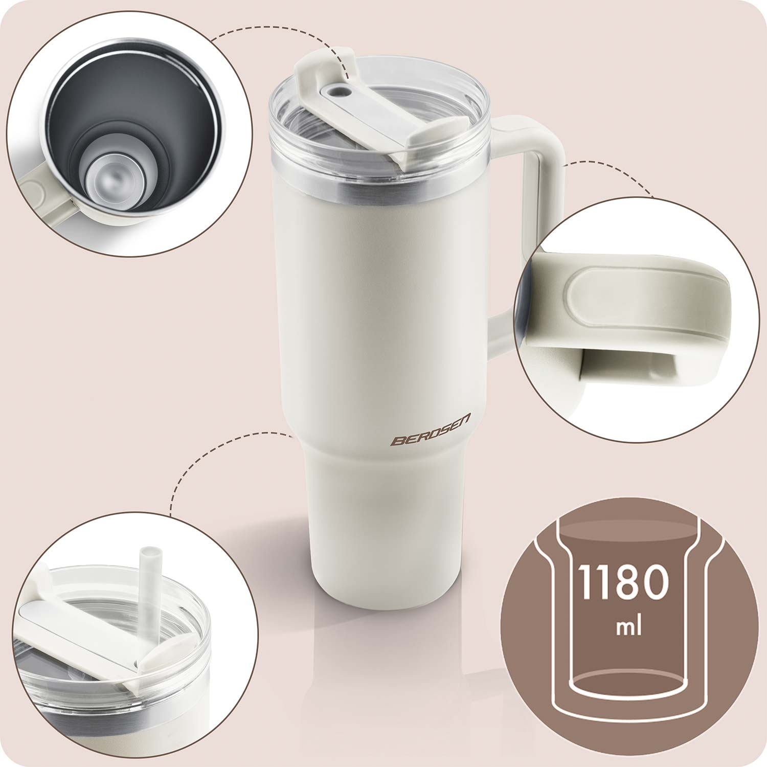 Biały kubek z uchwytem, pokrywką i słomką. Pojemność 1180 ml.