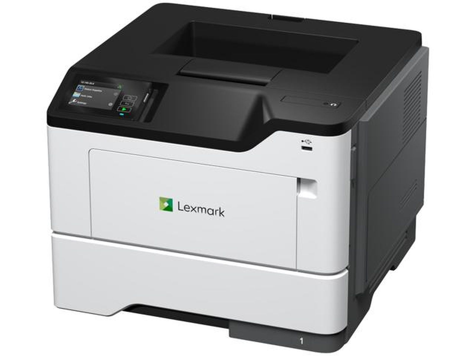 Biała i czarna drukarka laserowa Lexmark z małym ekranem.