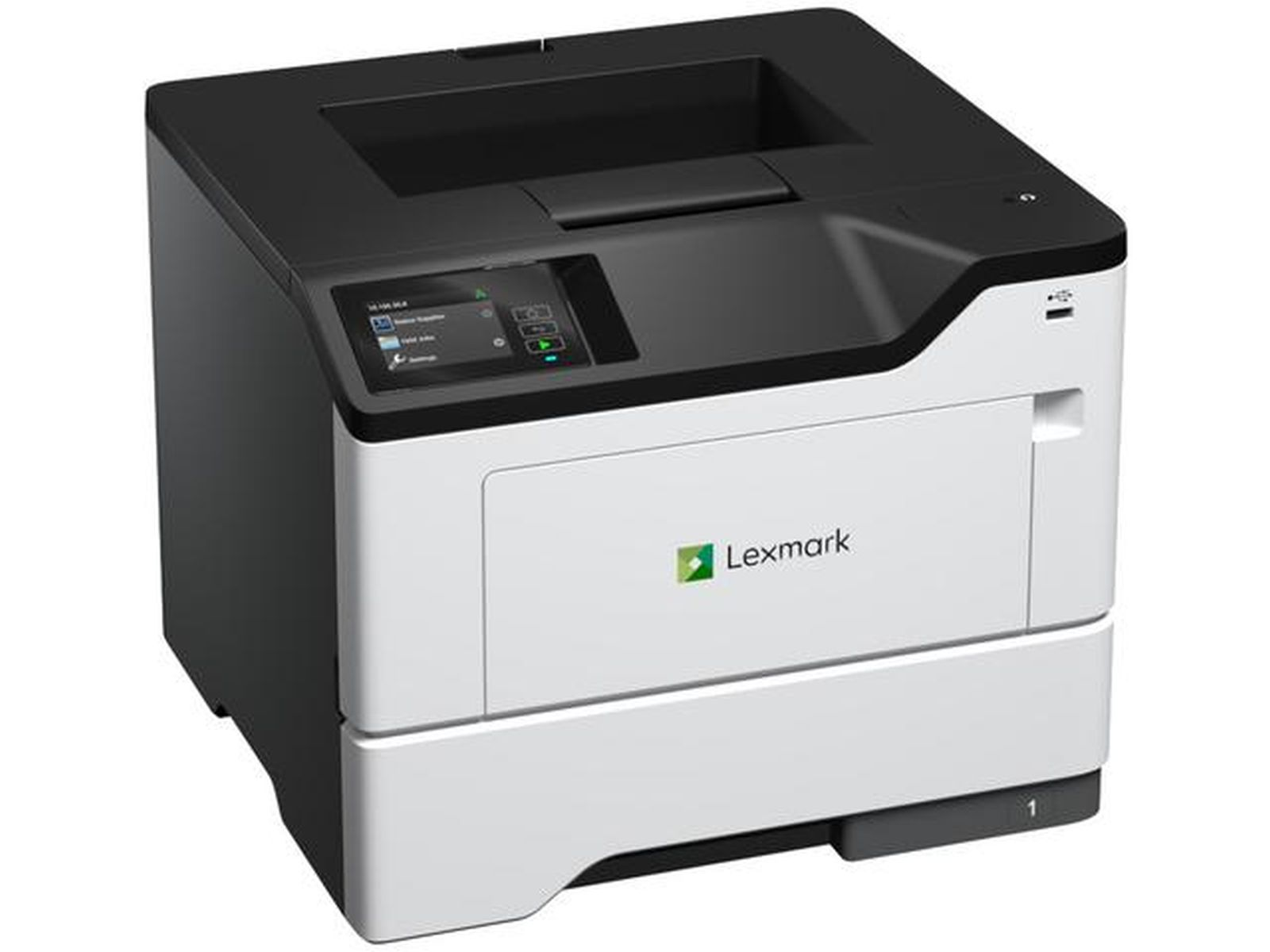 Czarno-biała drukarka laserowa Lexmark z ekranem dotykowym.
