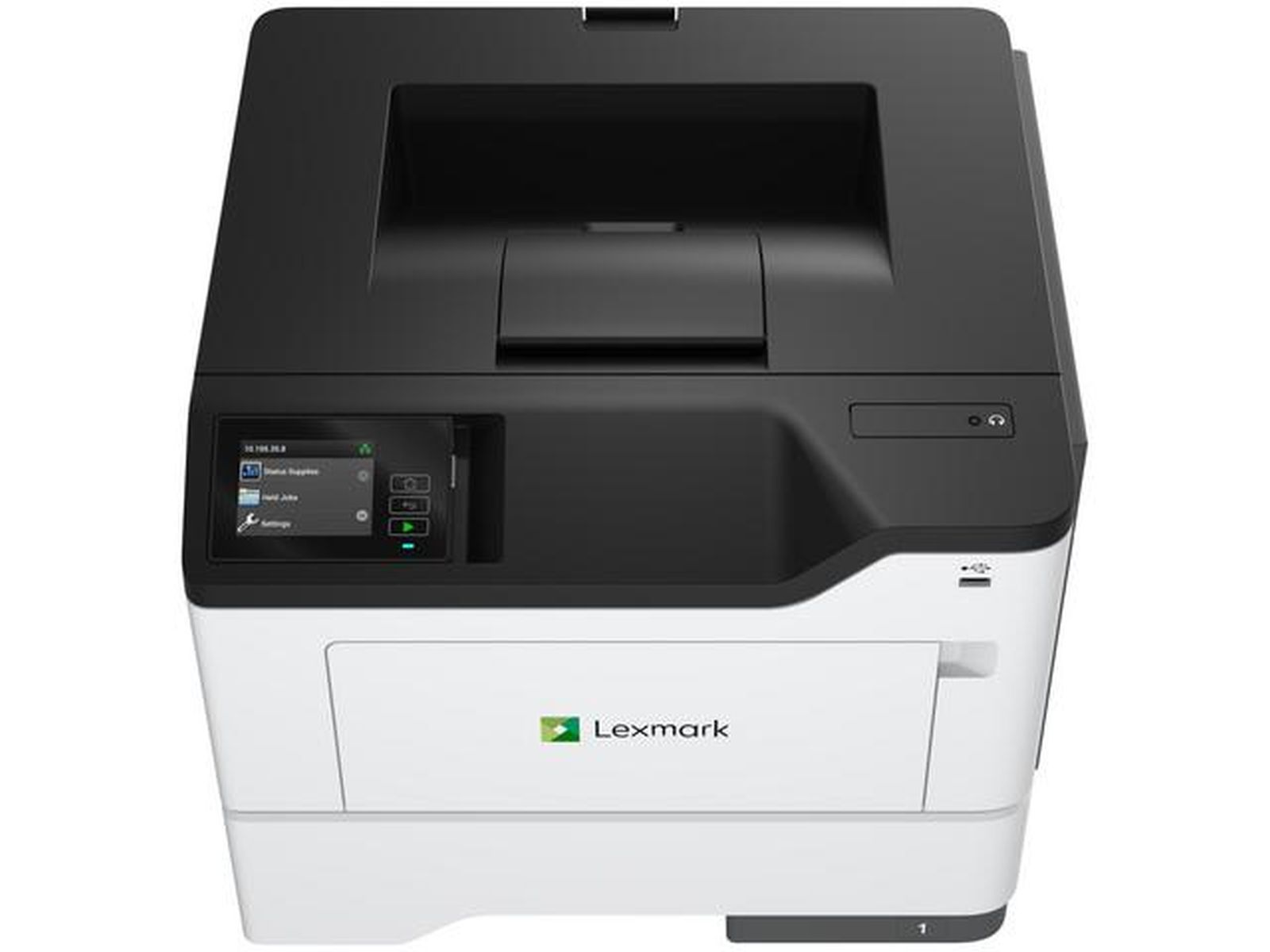 Drukarka Lexmark z panelem sterowania dotykowym i tacą odbiorczą papieru.
