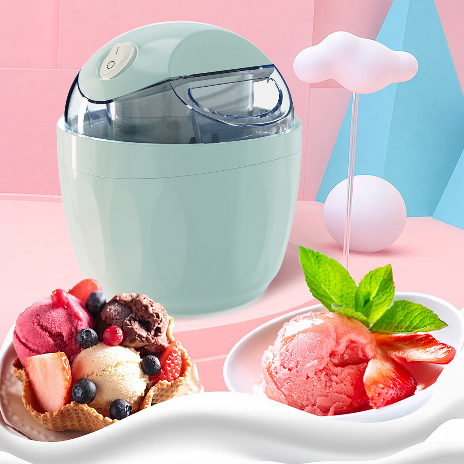 Una máquina de helados verde menta junto a cuencos de helado y fruta.