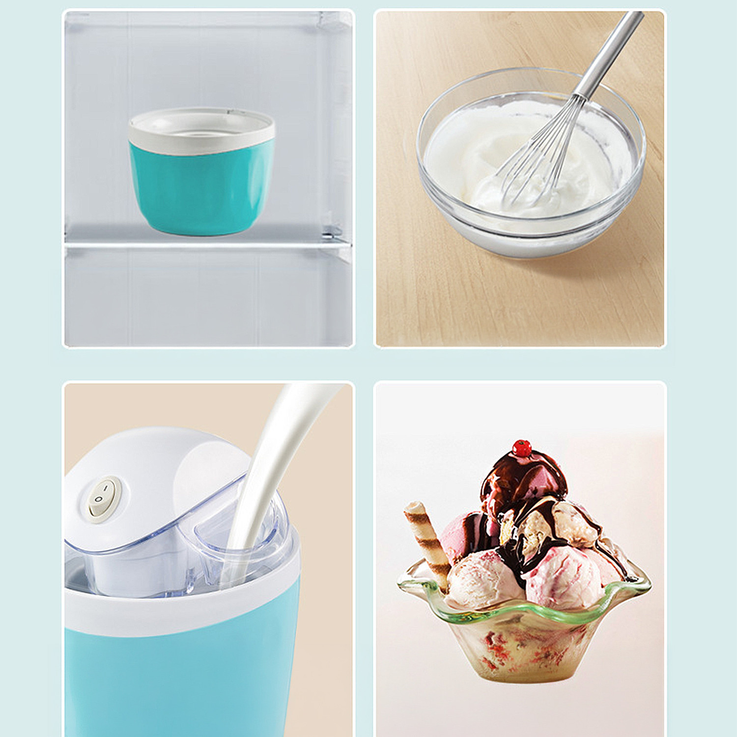 Cuatro imágenes muestran una máquina de helados: tazón congelador, batir crema, verter leche, helado hecho.