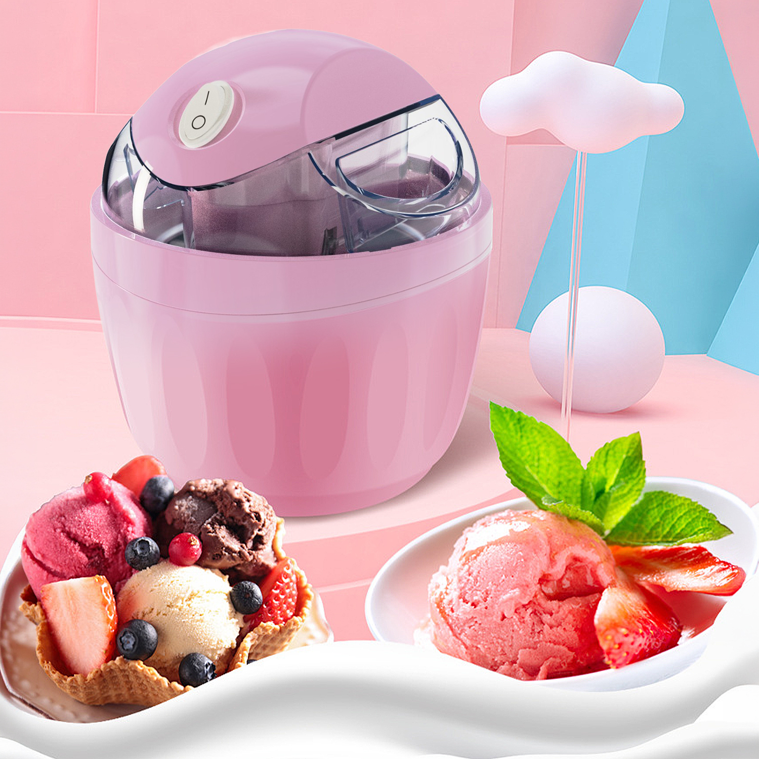 Eine rosa Eismaschine mit einer Waffelwaffel mit verschiedenen Eissorten und einer Schüssel Erdbeereis.