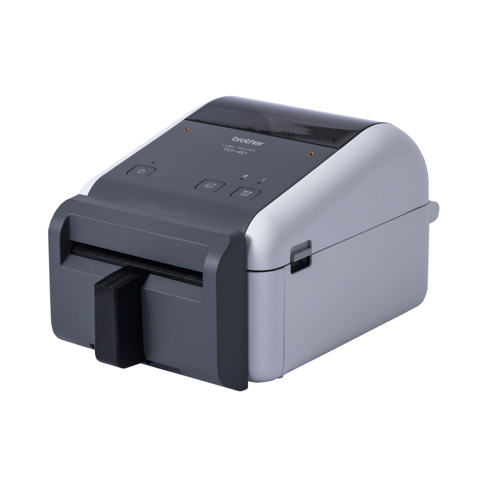 A gray and silver Brother TD-4D label printer sits on a white background.