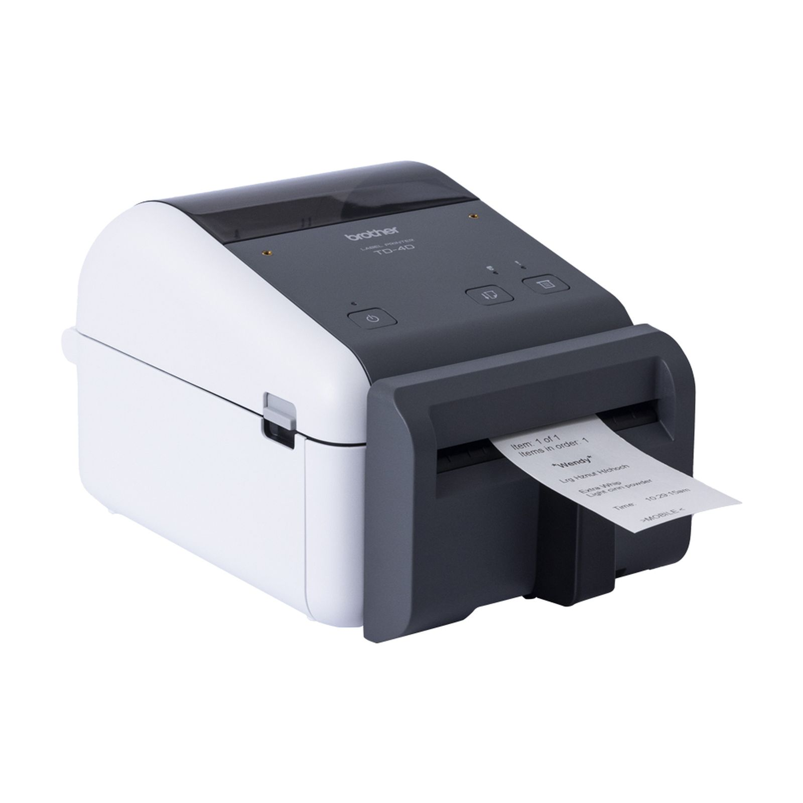 A white and gray Brother TD-40 label printer prints a white receipt.
