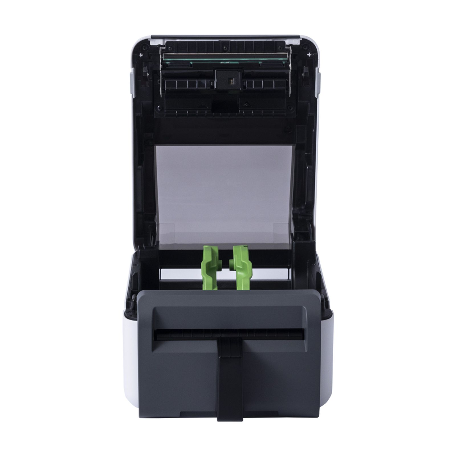 An open printer viewed from the front, showing interior, green clips, and slot.