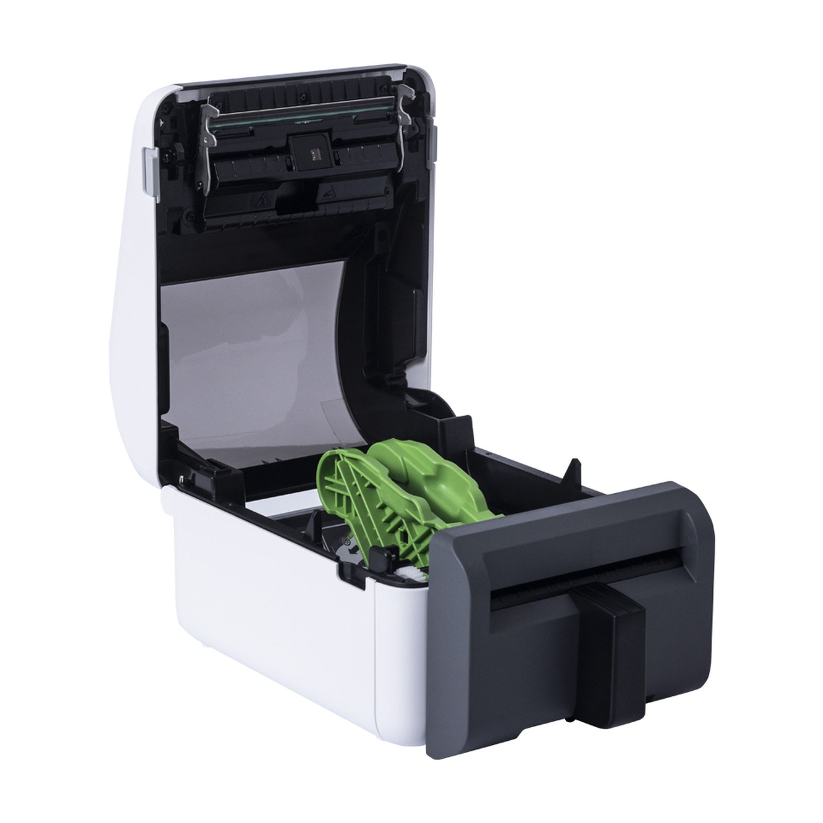 An open white and black printer with green parts inside.