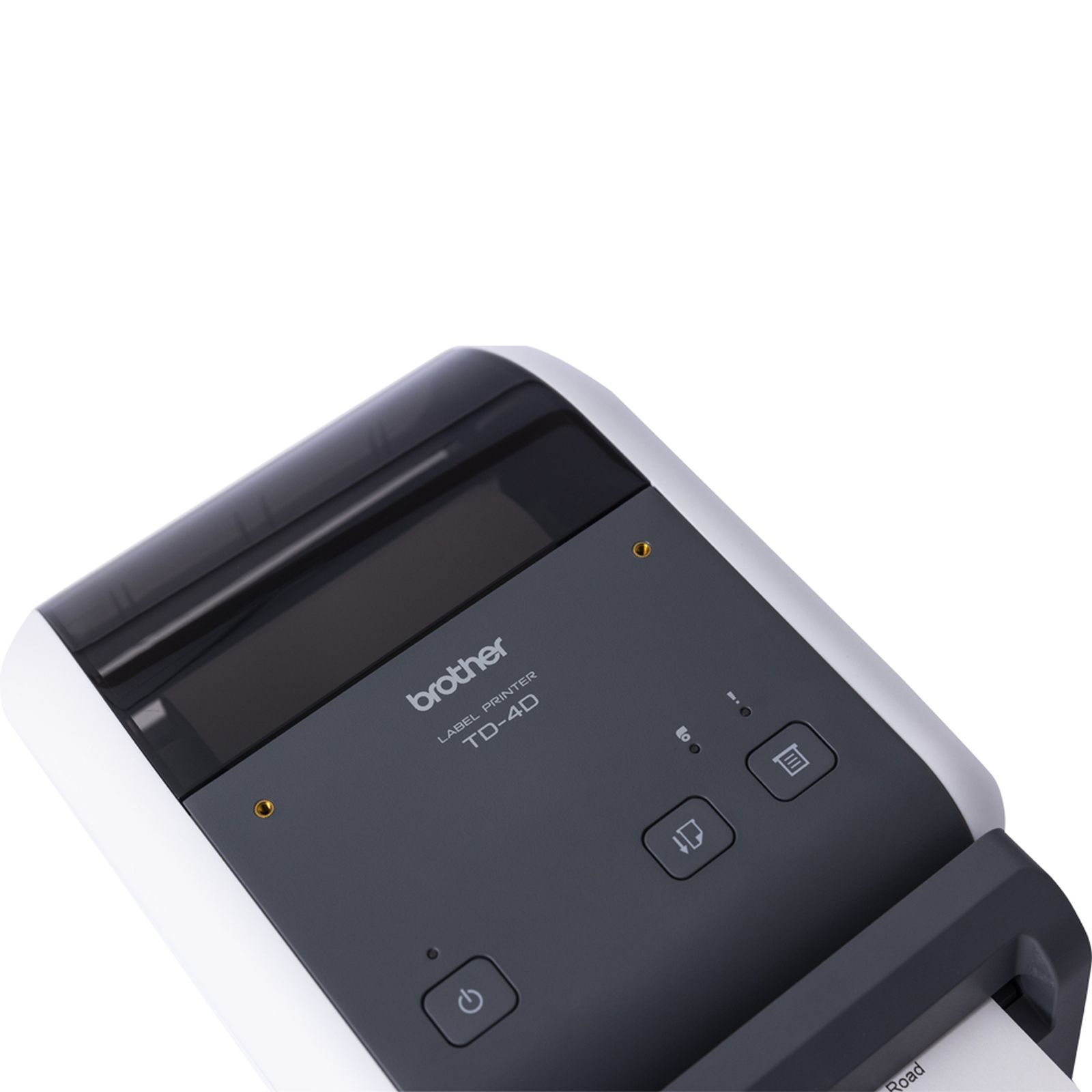 A Brother TD-4D label printer with control buttons.