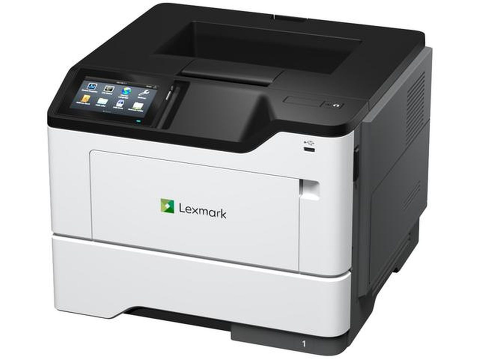 Ein weißer und schwarzer Lexmark Laserdrucker mit Touchscreen-Display.