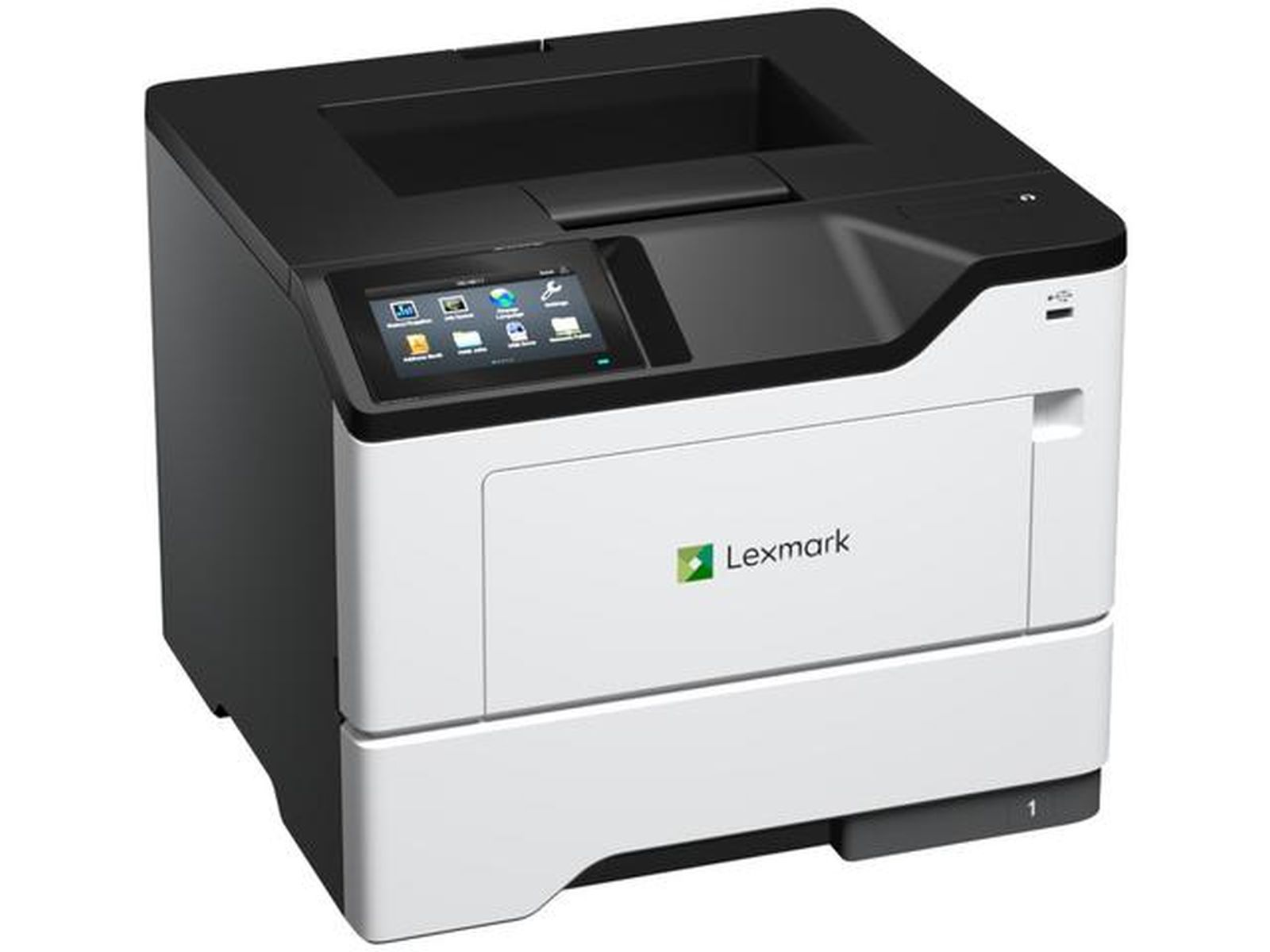 Ein Lexmark Drucker mit Touchscreen und Papierfach, weiß und schwarz.