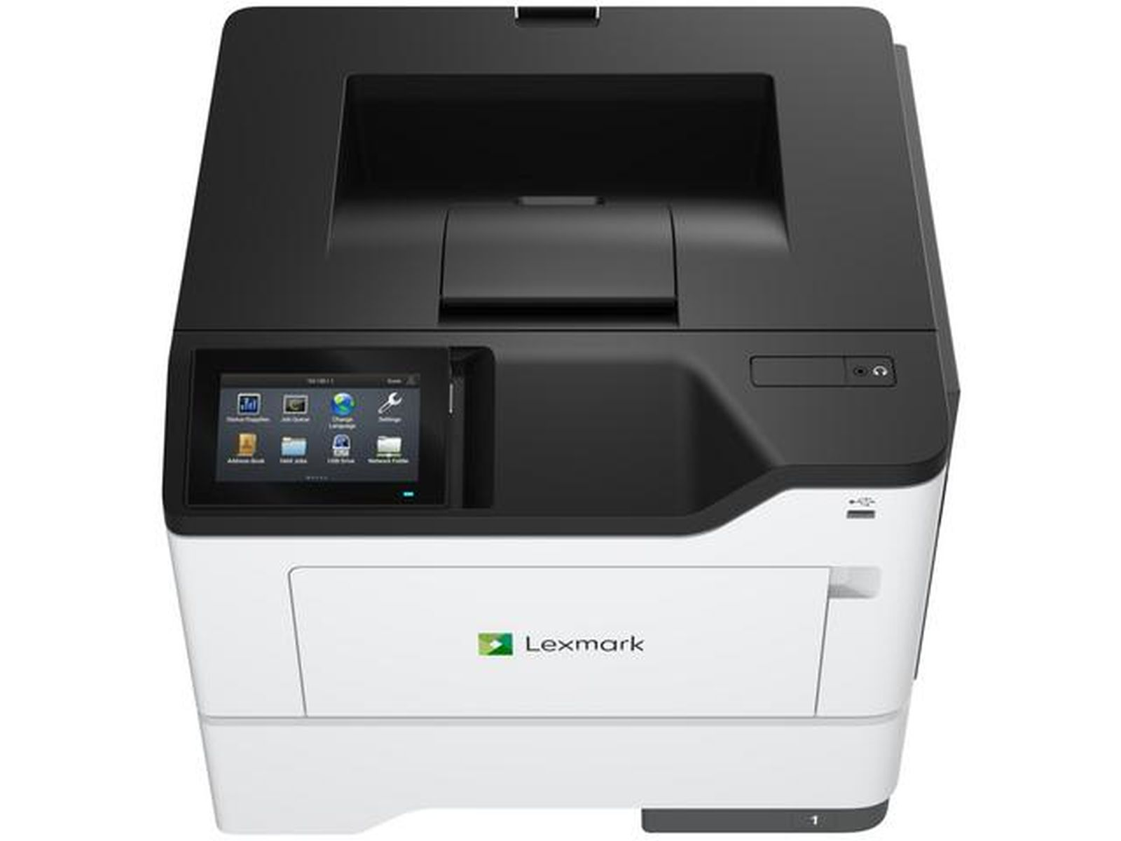 Ein Lexmark Drucker mit Touchscreen und Papierschacht.
