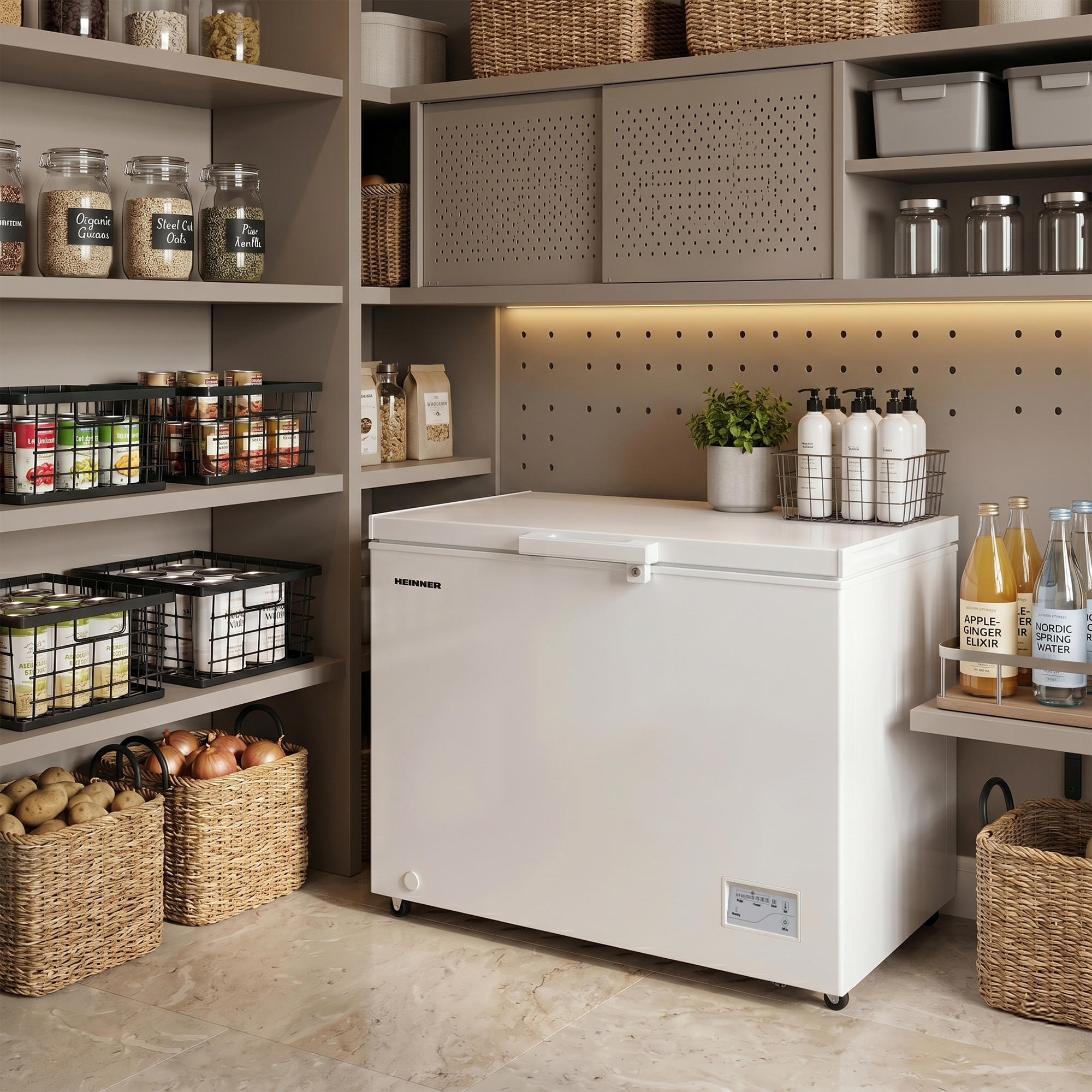 Un congélateur coffre blanc est dans un garde-manger avec des paniers, des bocaux et des bouteilles.