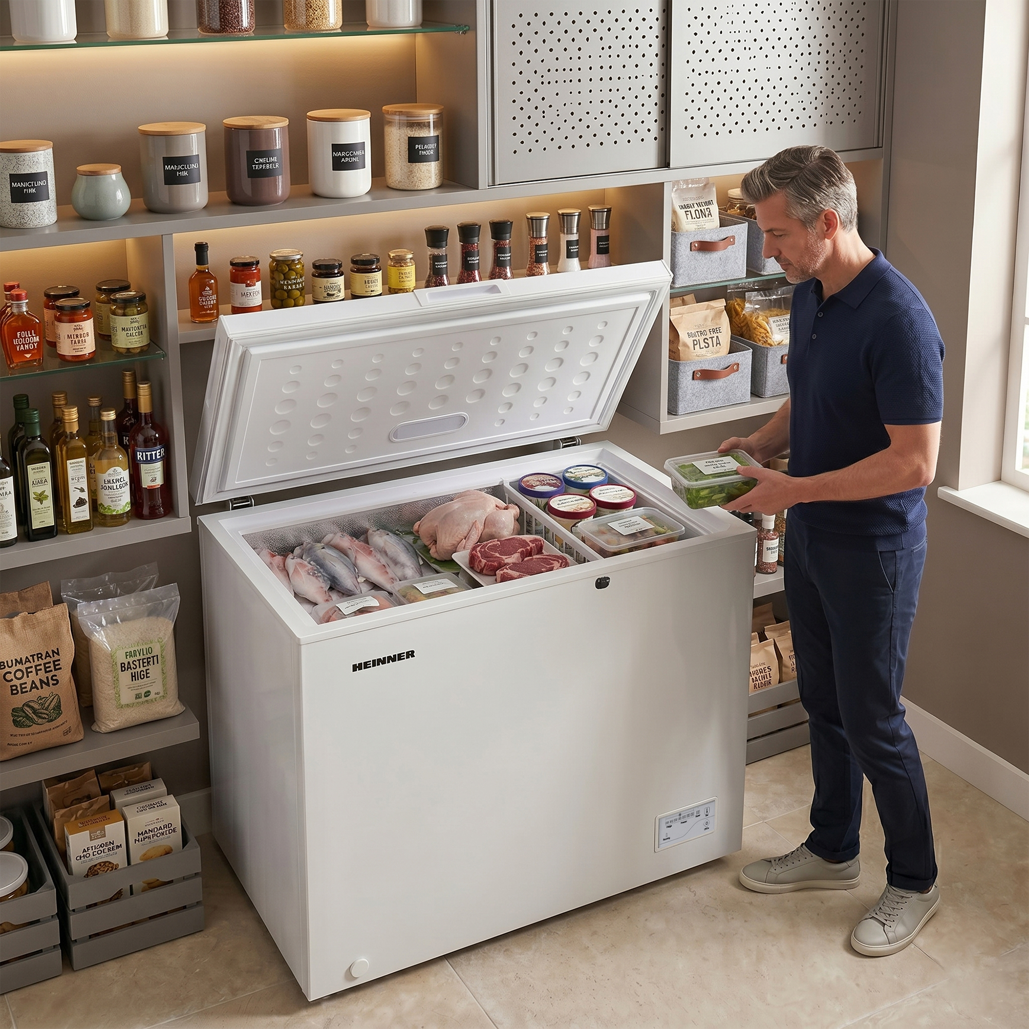 Un homme place des aliments dans un congélateur coffre ouvert rempli de poisson, de viande et de glace.