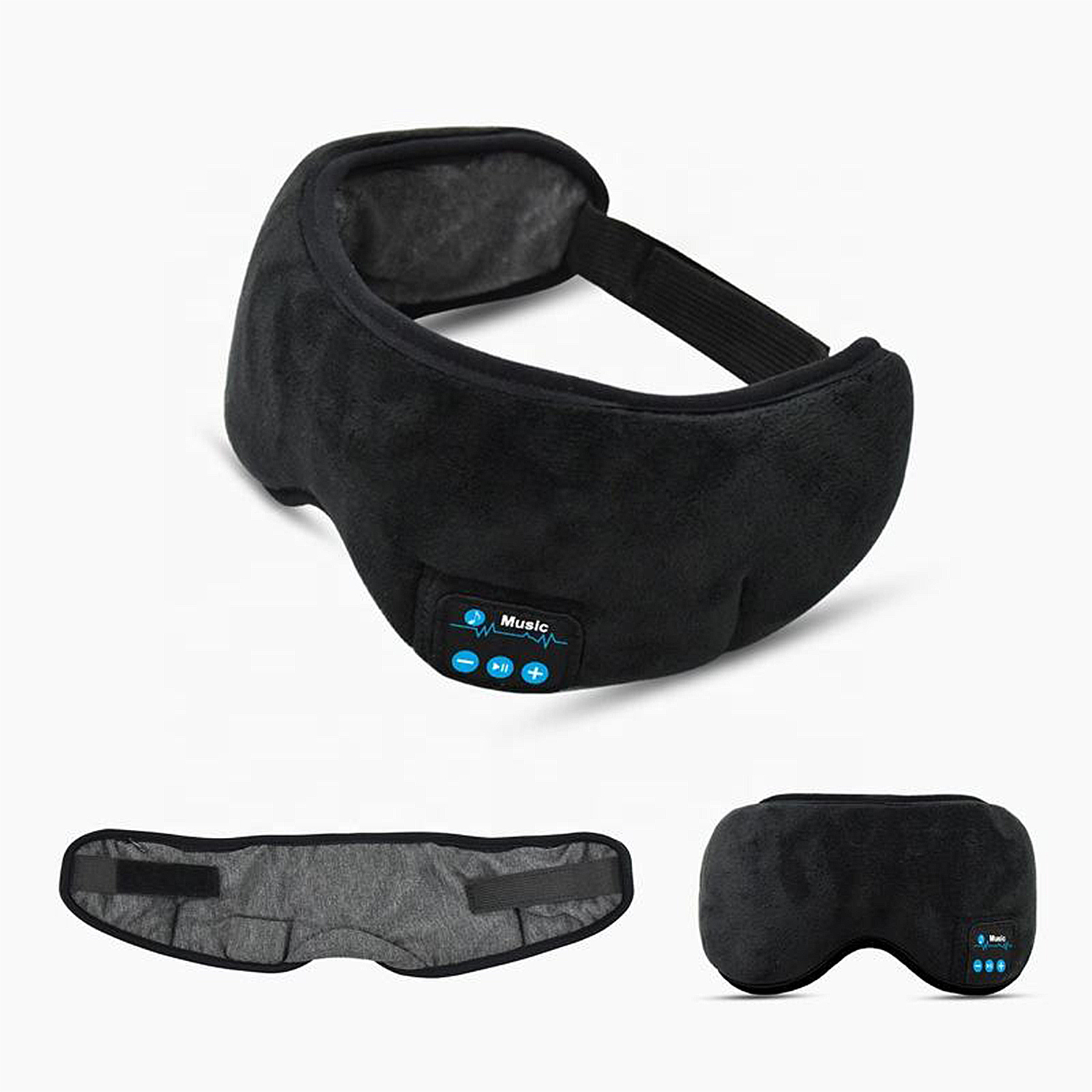 Schwarze Bluetooth-Schlafmaske mit Bedienelementen und verstellbarem Riemen.
