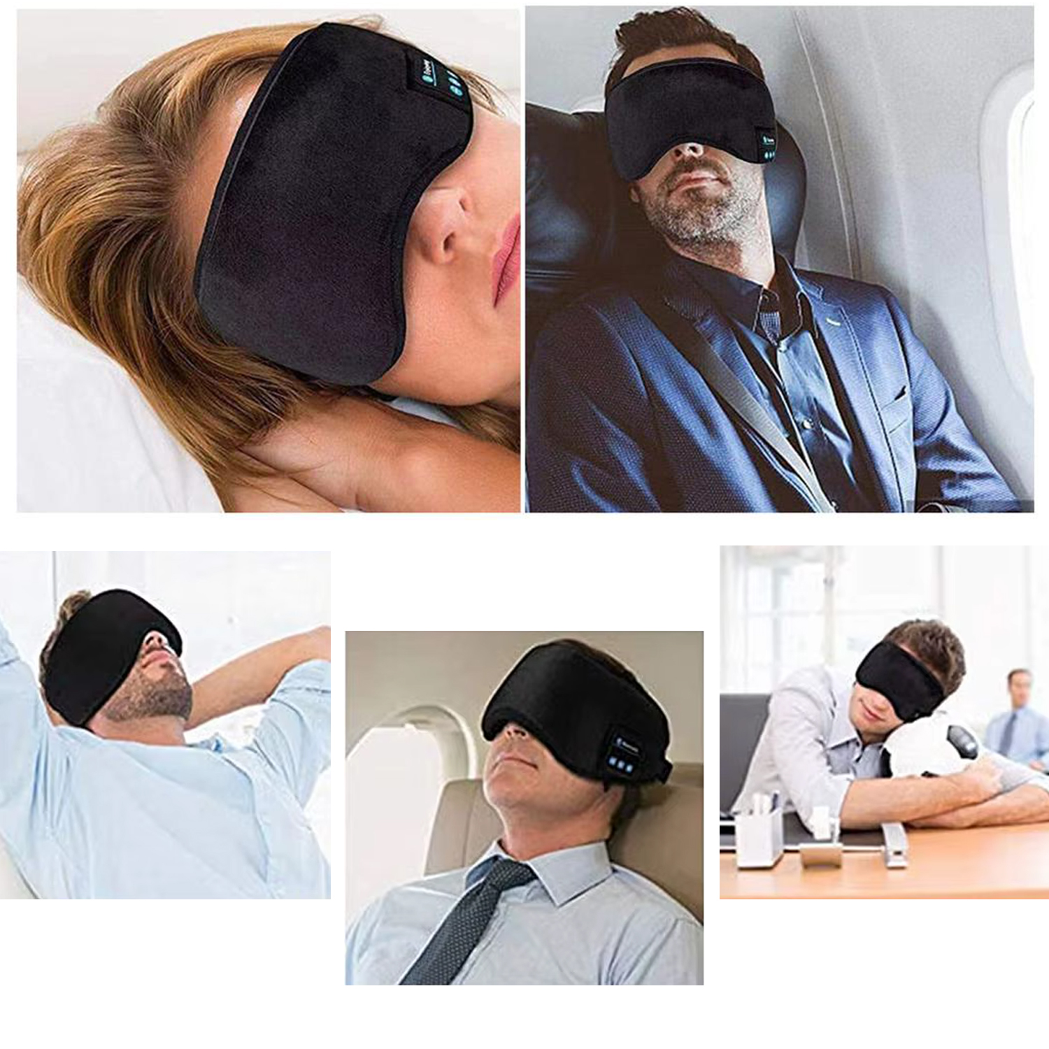 Personen tragen schwarze Schlafmasken in verschiedenen Situationen: im Bett, im Flugzeug, im Büro.