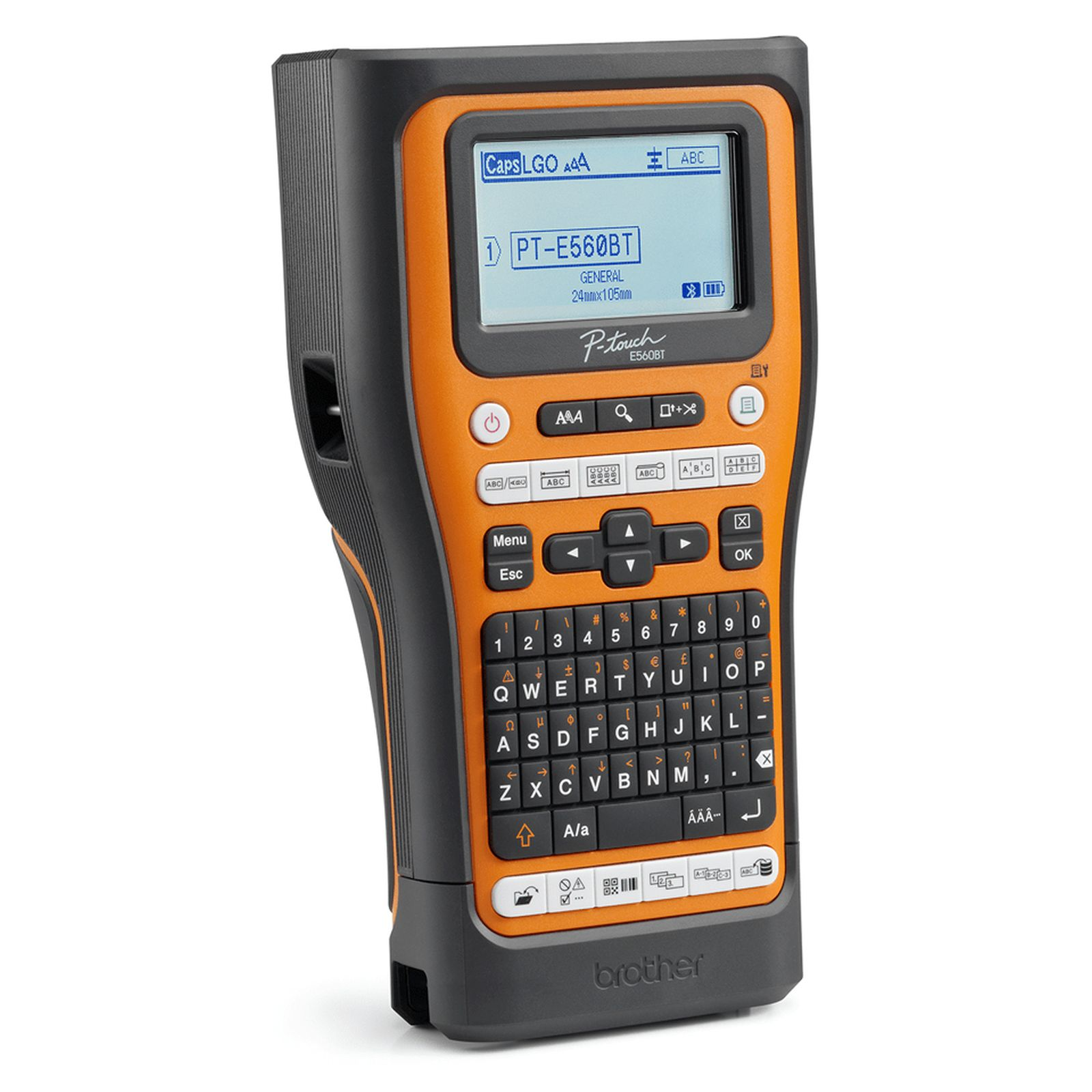 Pomarańczowo-czarna drukarka etykiet Brother PT-E560BT z klawiaturą QWERTY i ekranem LCD.