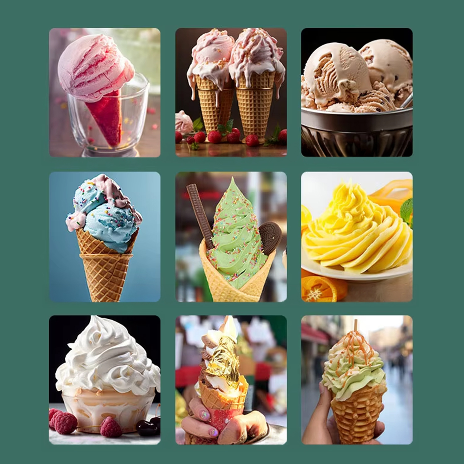Surtido de conos y tarrinas de helado, incluyendo sabores de fresa, chocolate y menta.