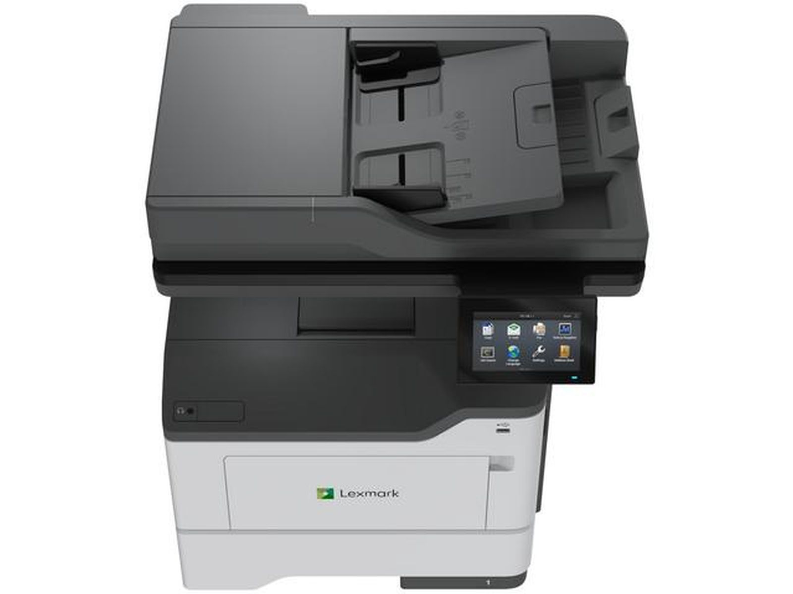 Drukarka wielofunkcyjna Lexmark z ekranem dotykowym i podajnikiem dokumentów.