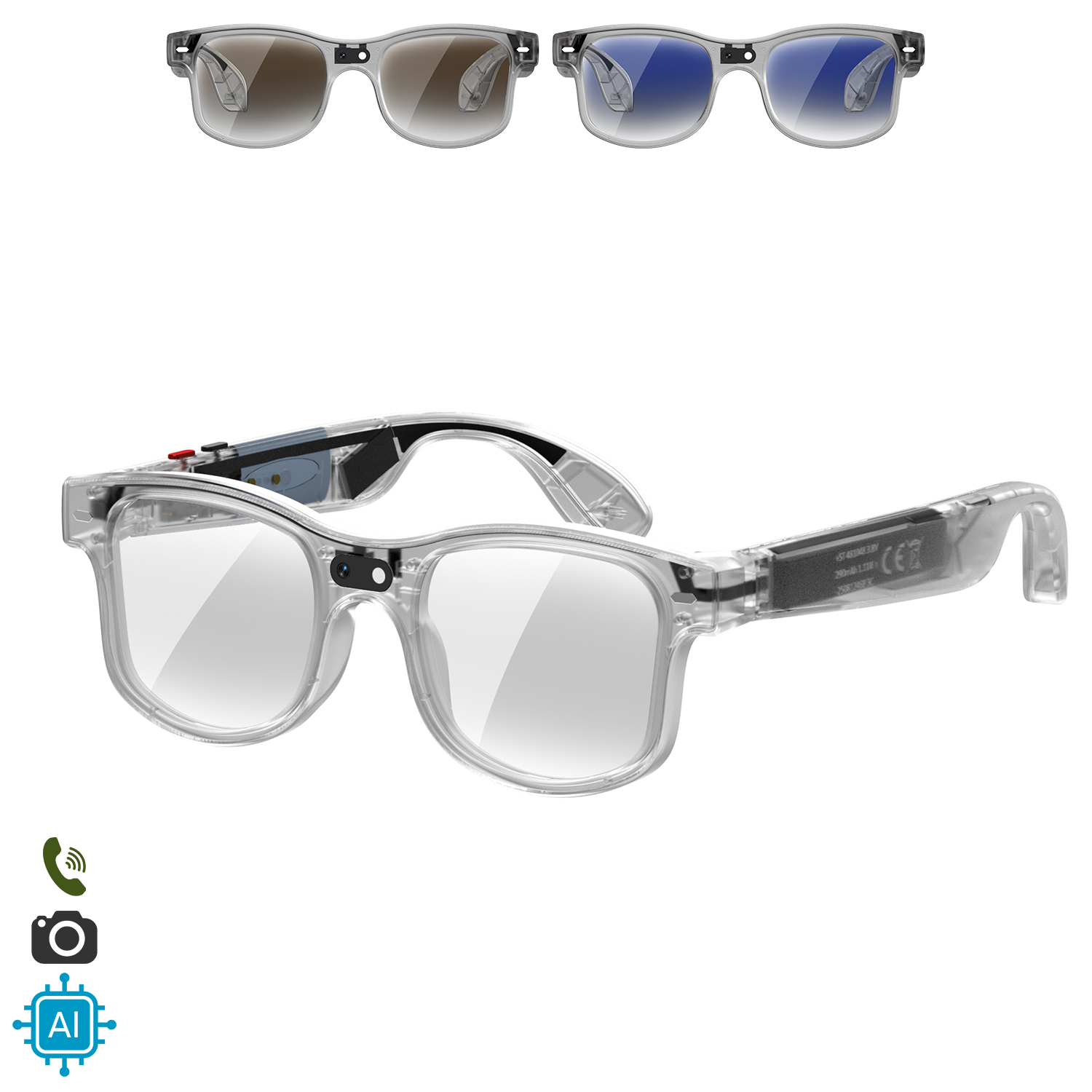 Gafas transparentes con cámara, micrófono e iconos de IA.