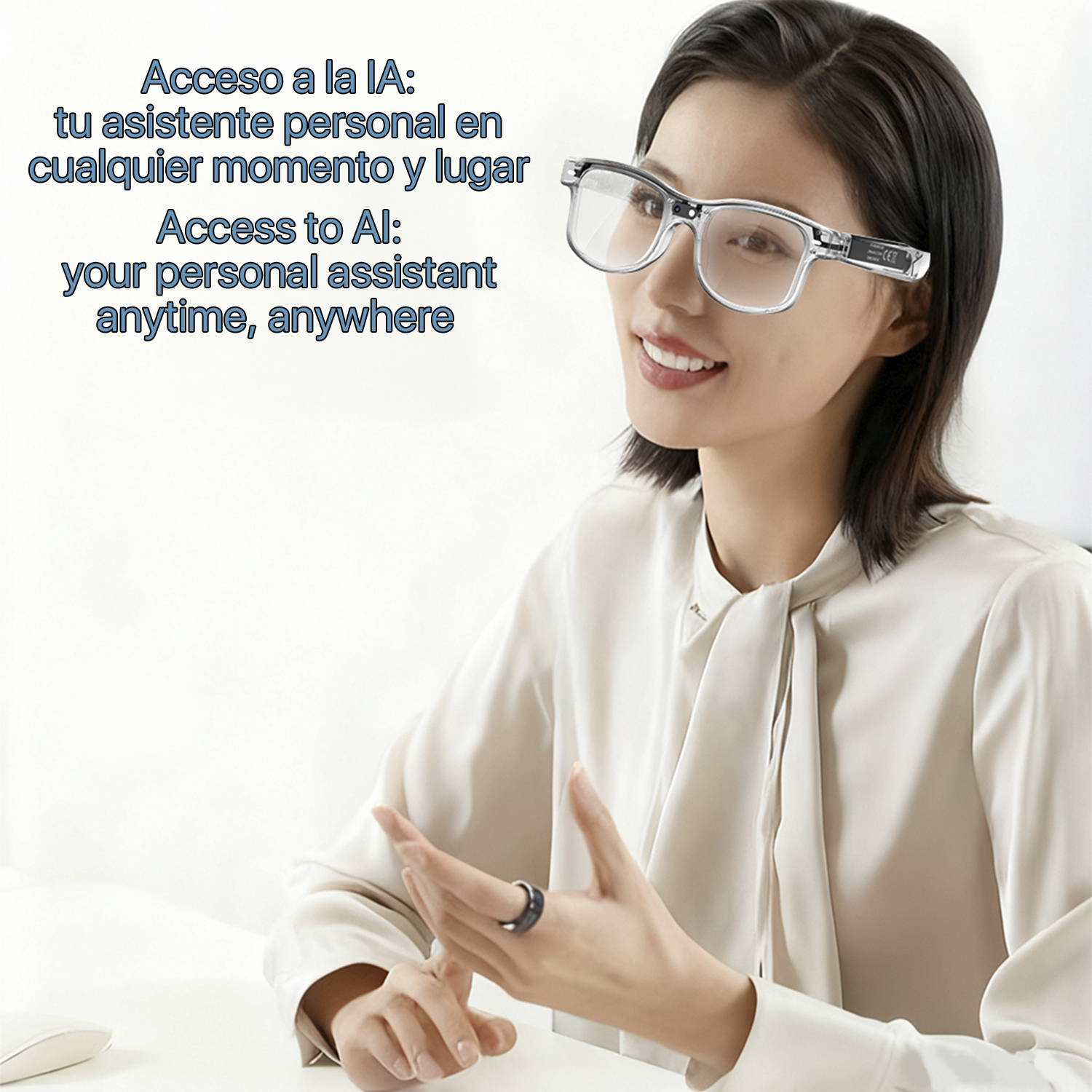 Una mujer usa gafas inteligentes, que funcionan como un asistente personal.