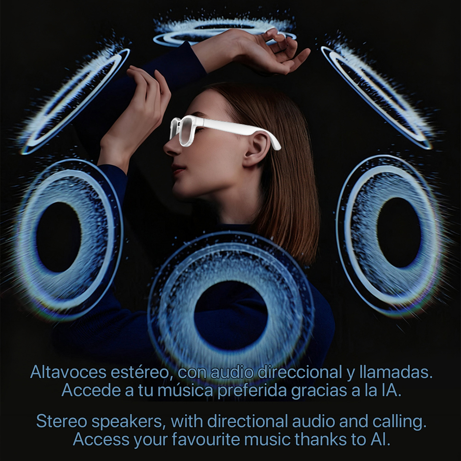 Mujer con gafas blancas rodeada de anillos azules.