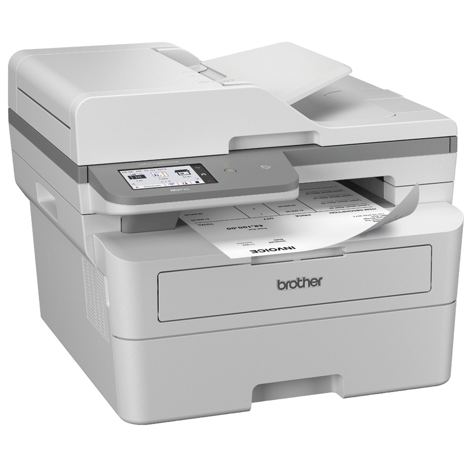 Une imprimante Brother gris clair avec écran tactile, émettant une facture depuis son bac papier.
