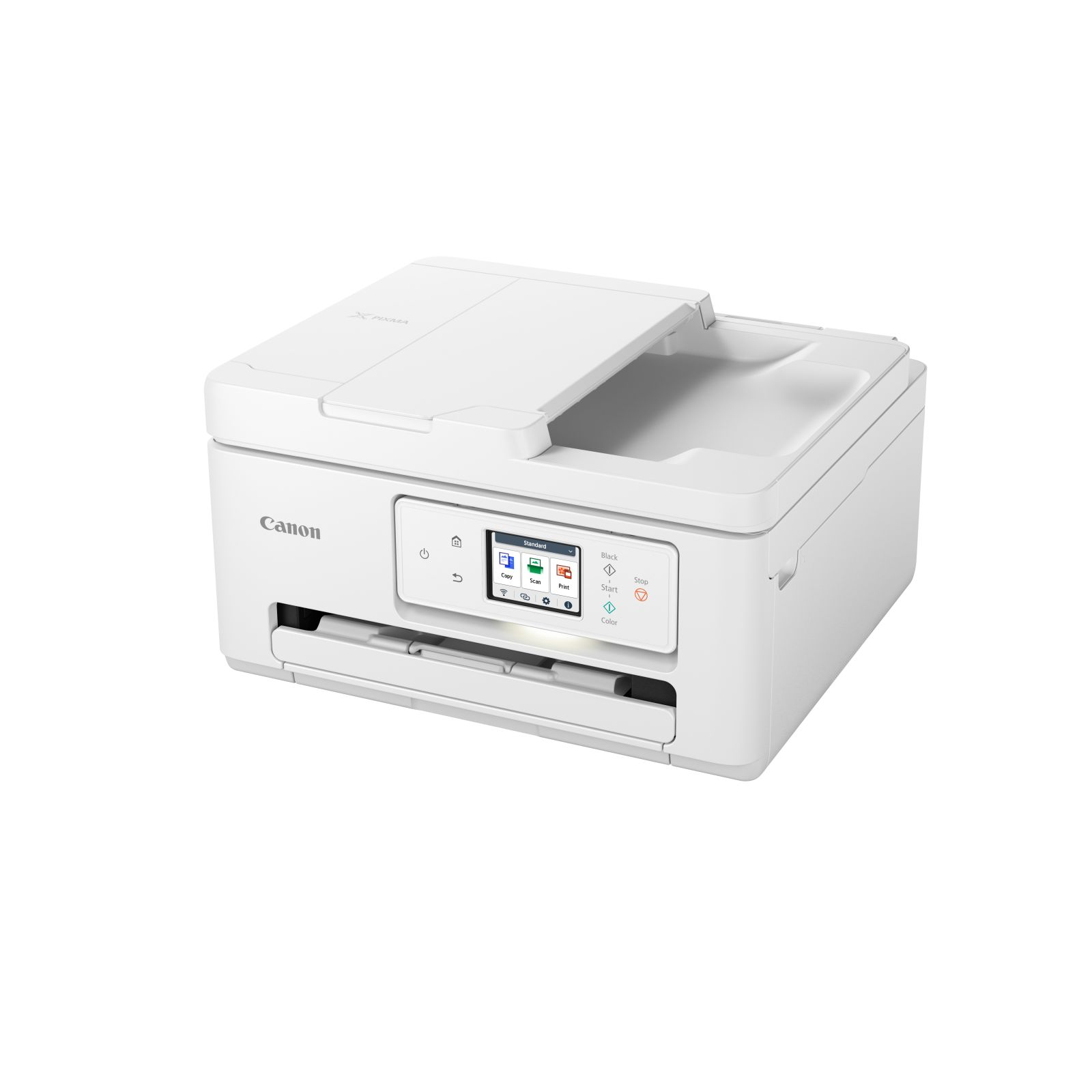 Biała drukarka Canon Pixma z otwartą pokrywą skanera i ekranem dotykowym.