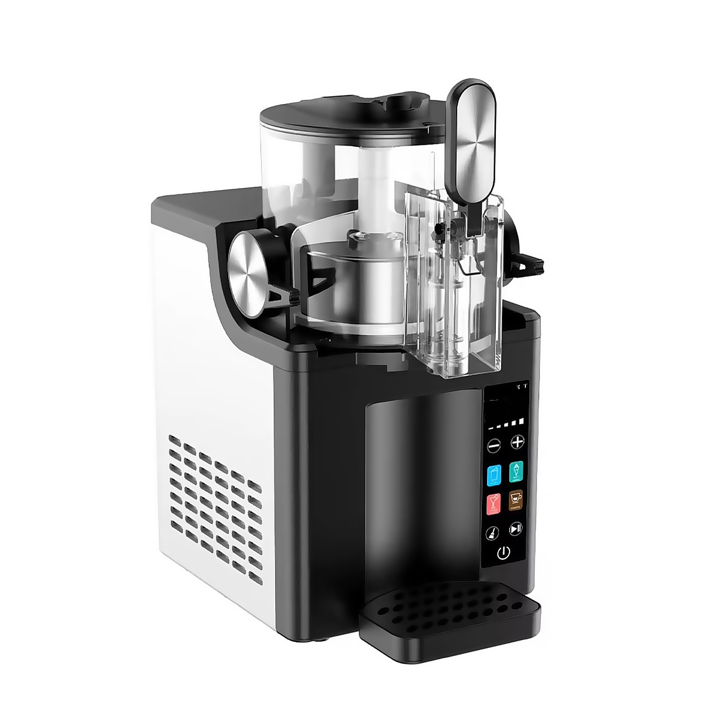 Una máquina de helados automática en blanco y negro con pantalla táctil y palanca dispensadora.