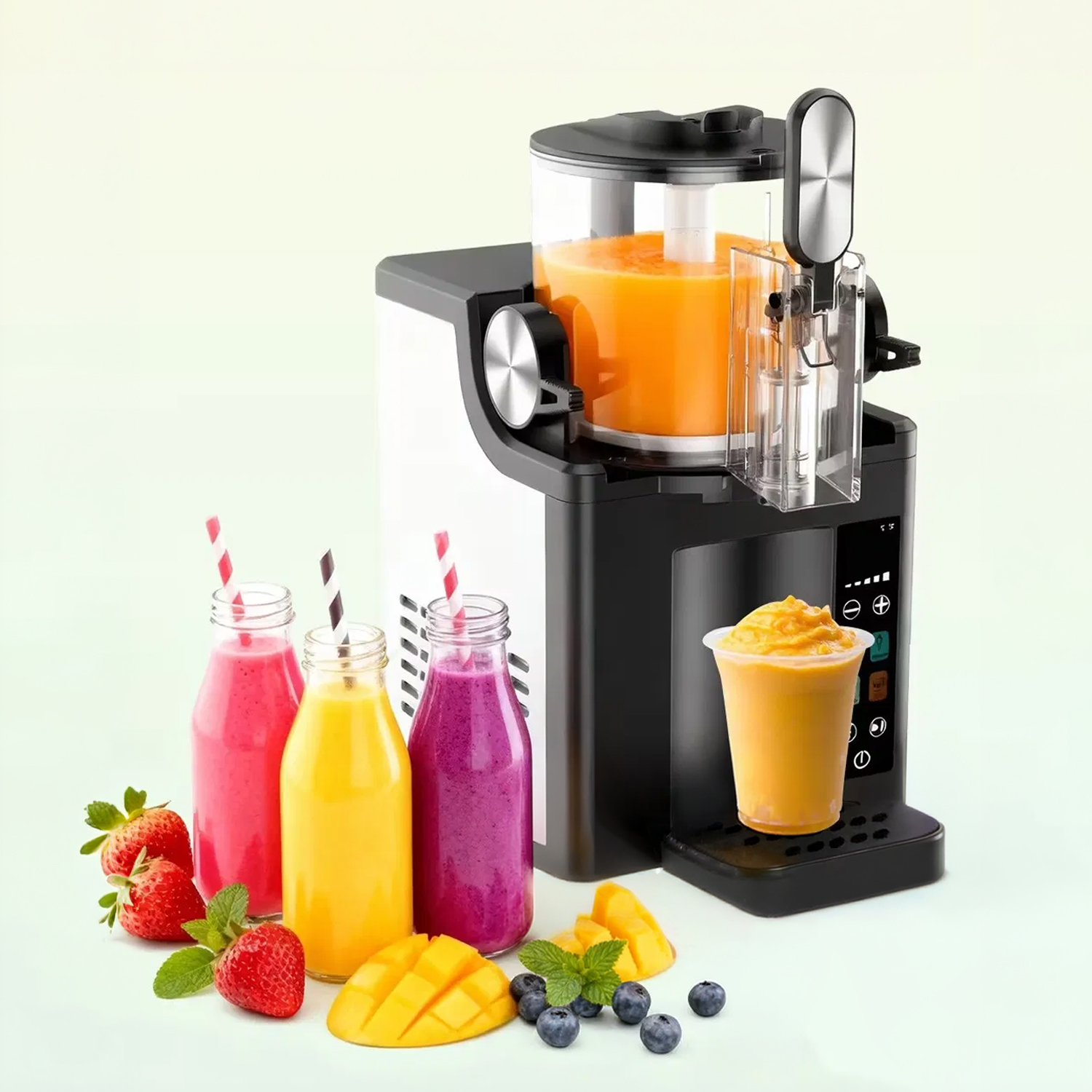 Una licuadora con botellas de jugo, frutas y una taza de café helado.