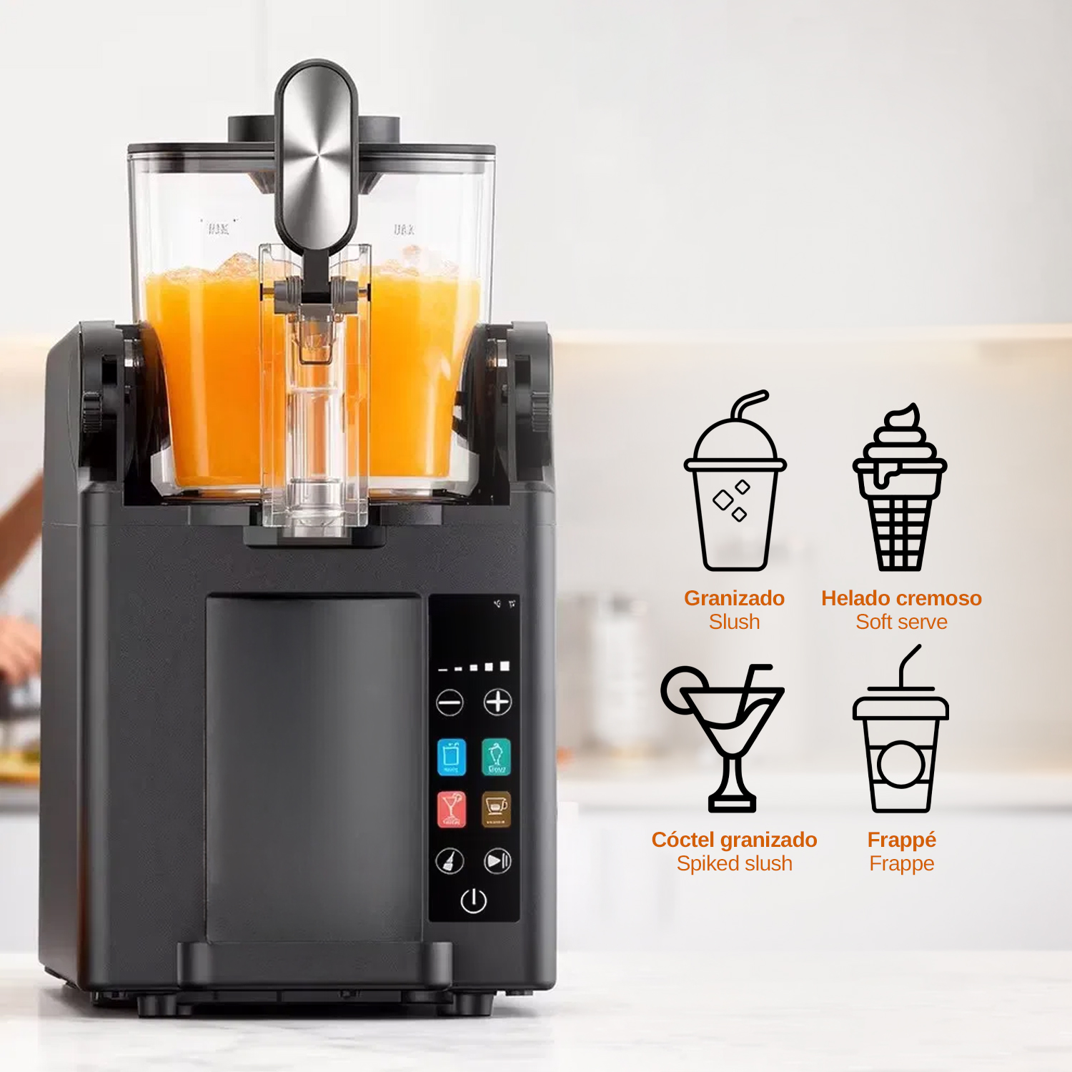 Una máquina de granizados negra con jugo de naranja e iconos de bebidas.
