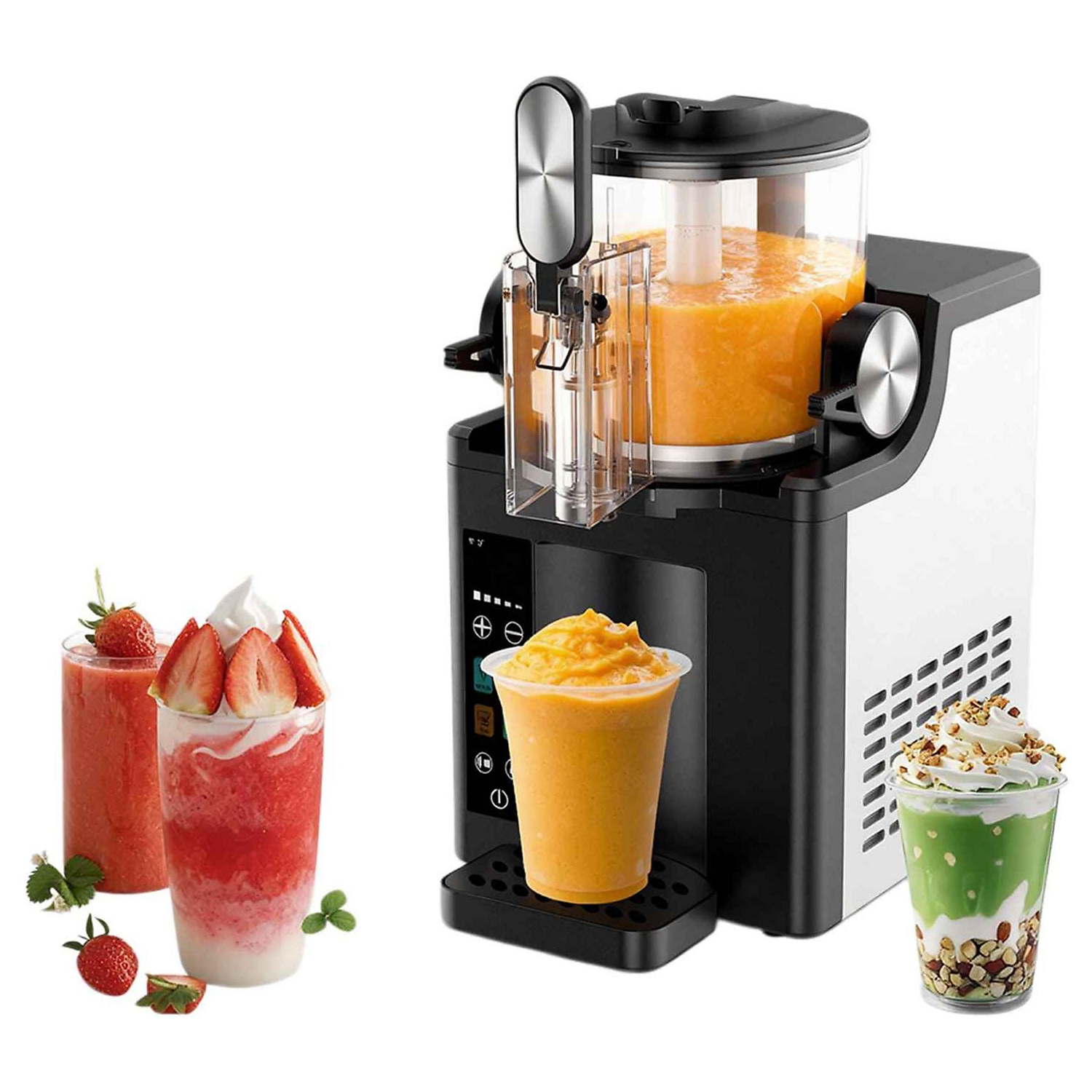 Una máquina de granizados con granizado de naranja en la máquina y granizados de fresa, naranja y verdes cerca.