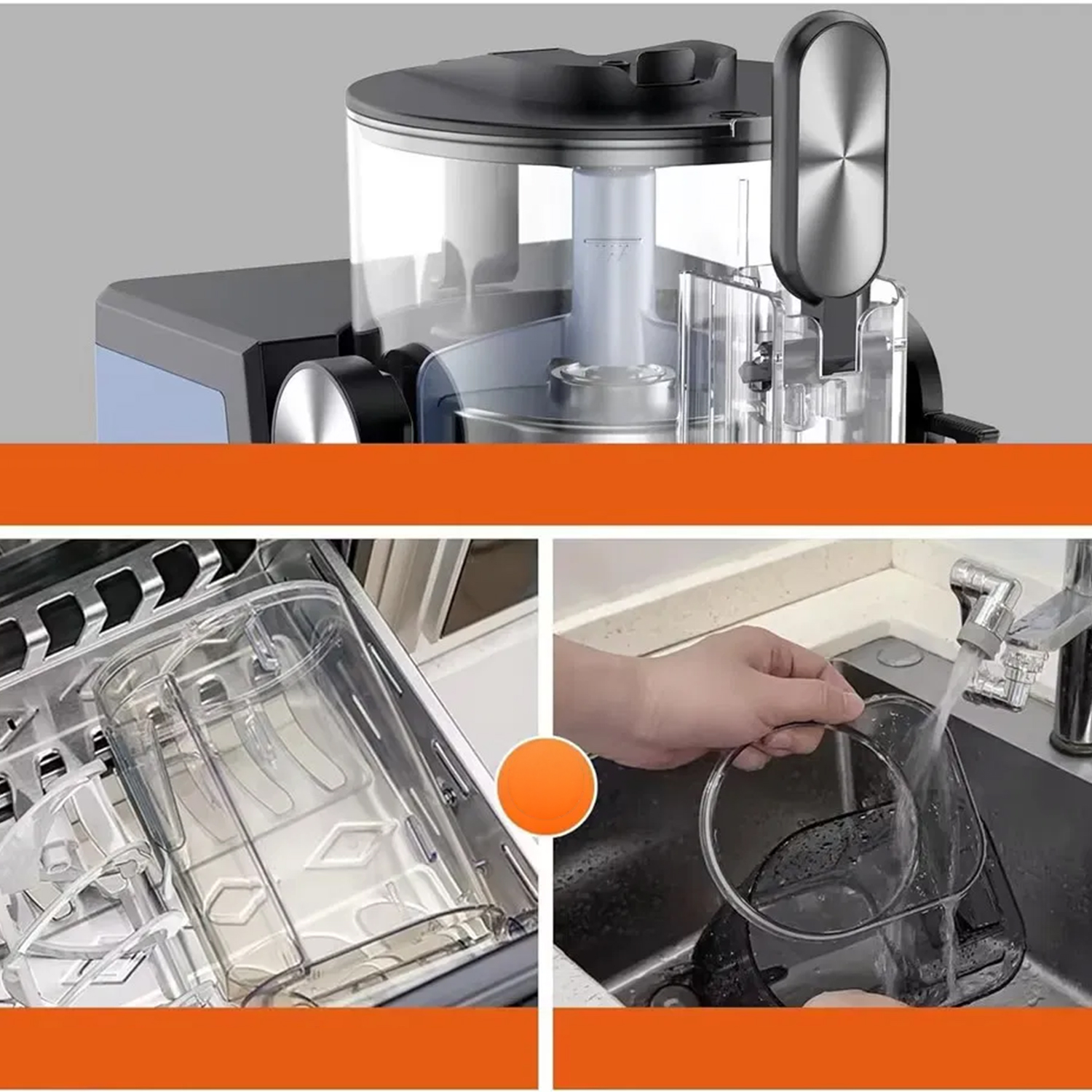 Primer plano de electrodoméstico de cocina, piezas en lavavajillas y enjuagándose.