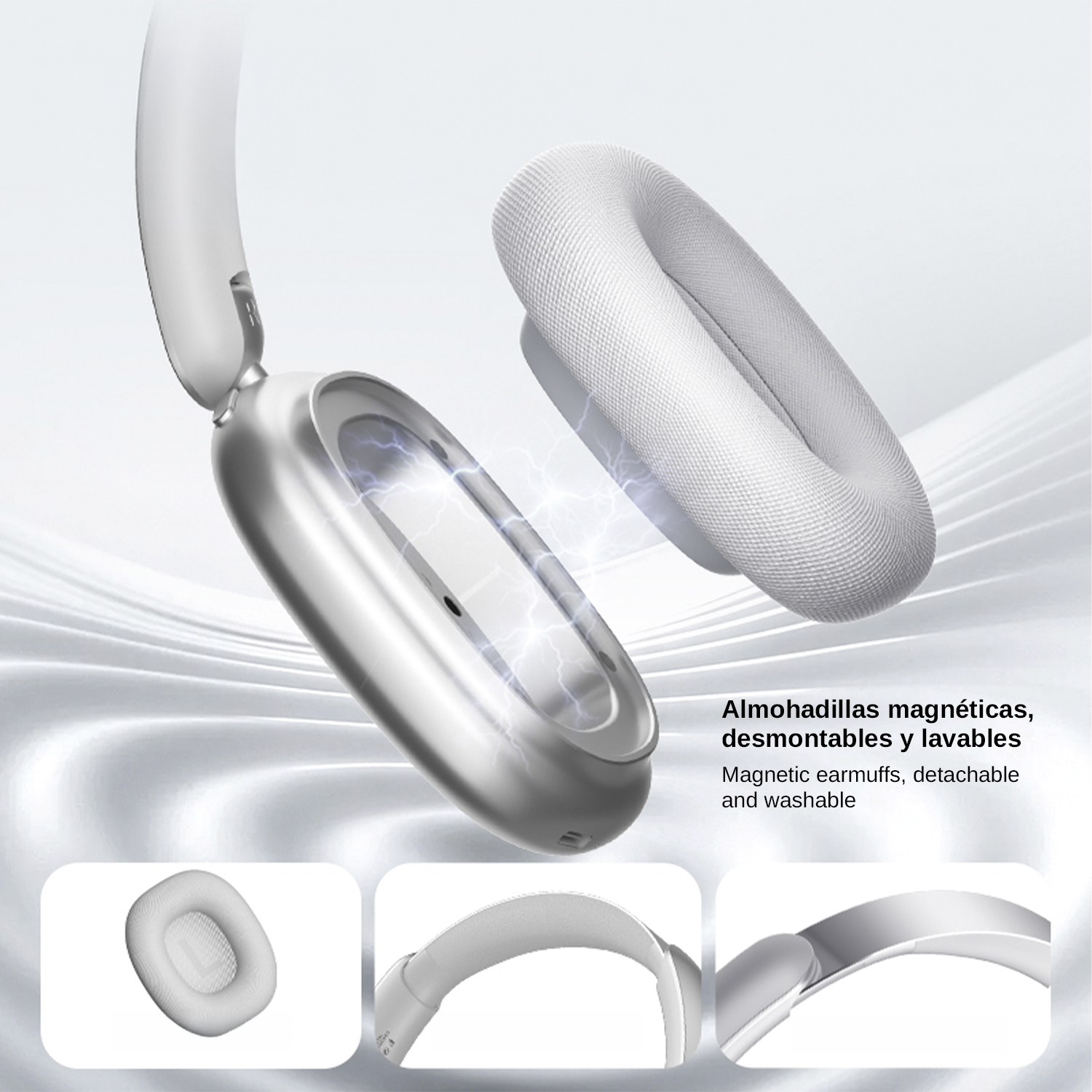Cuffie argentate con auricolari bianchi, magnetiche, staccabili e lavabili.
