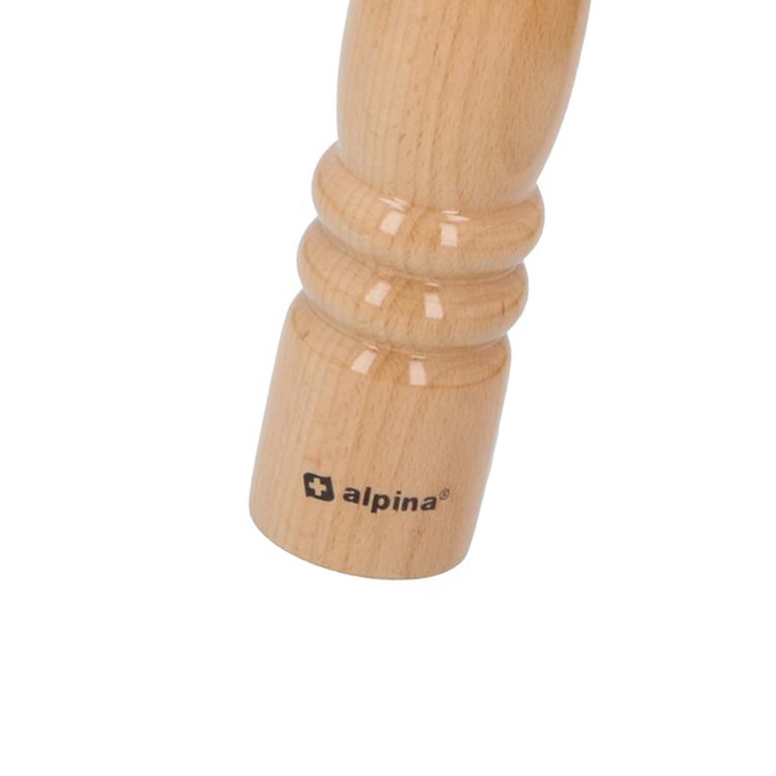 Manico in legno con logo Alpina e anelli decorativi, sfondo bianco.