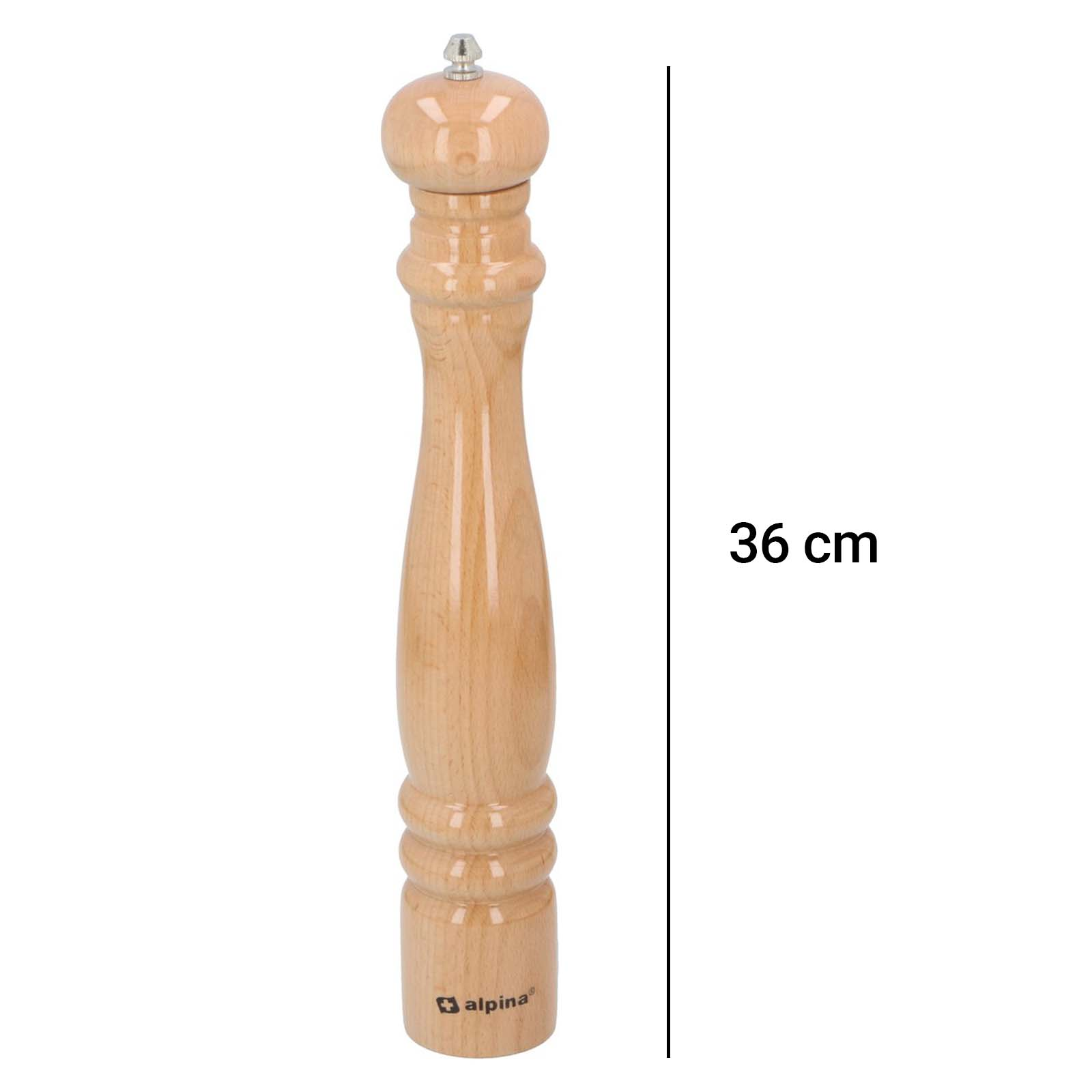 Un macinapepe alto e in legno con logo alpina ed etichetta di 36 cm.