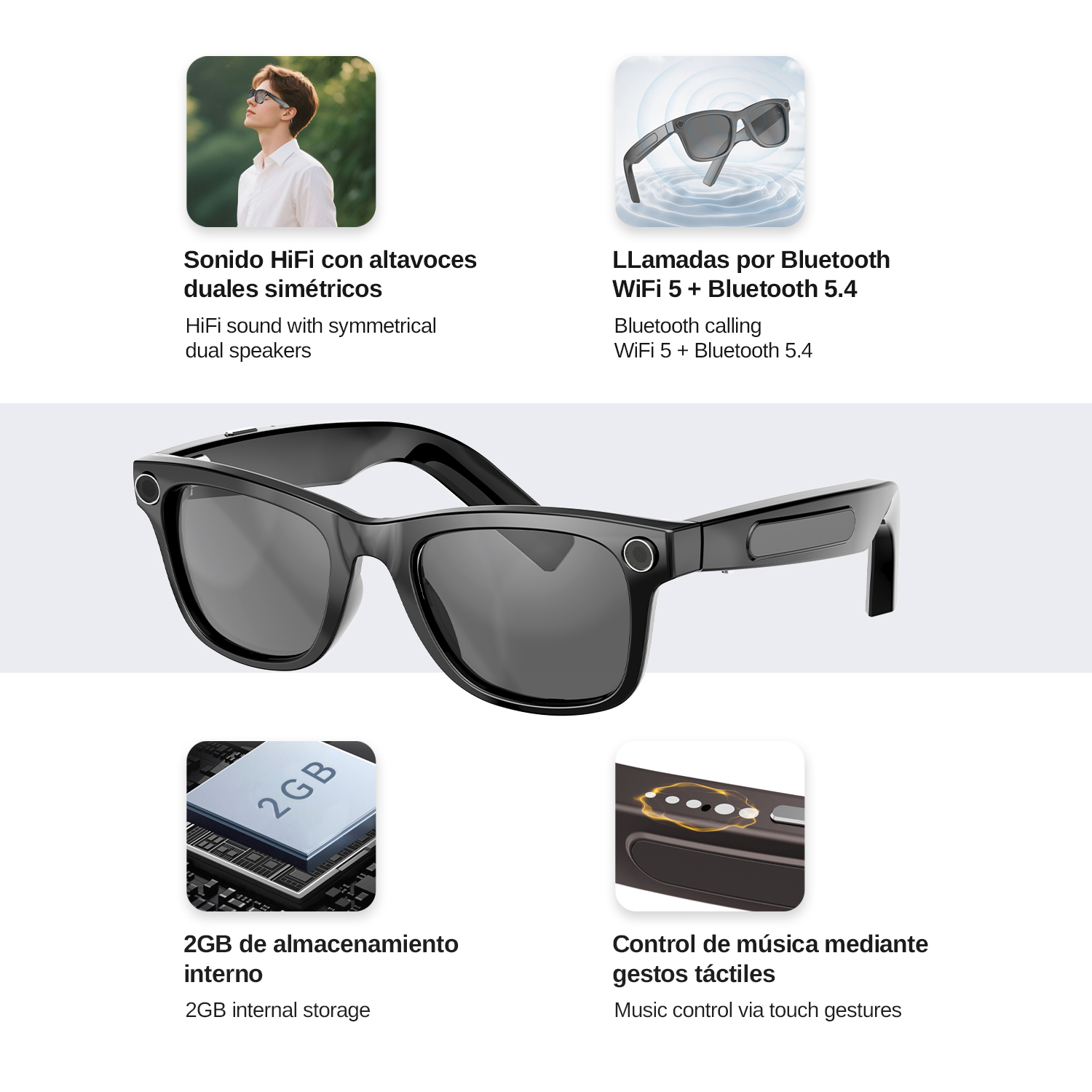 Schwarze smarte Brille mit Lautsprechern, 2GB Speicher und Touch-Steuerung.