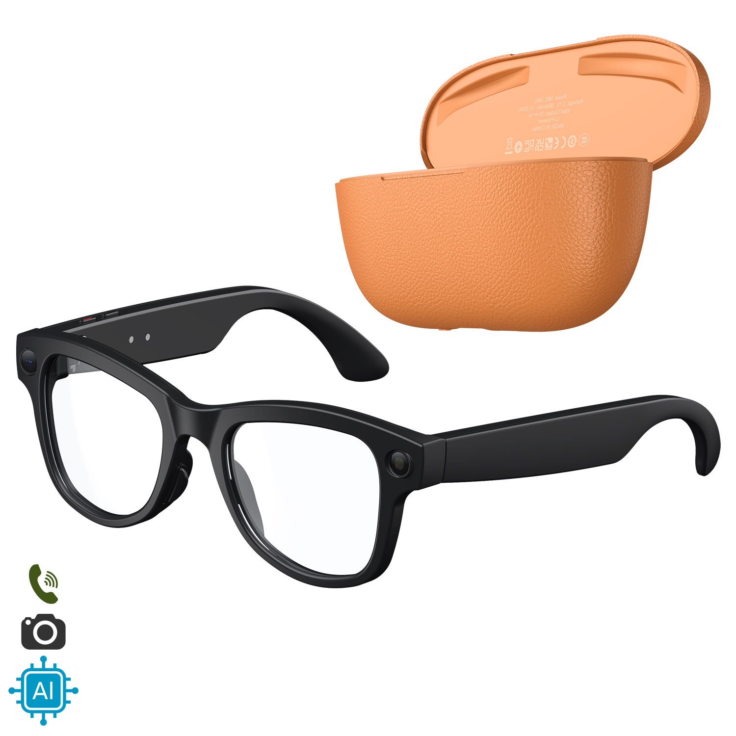 Schwarze Brille mit offenem orangefarbenem Ladecase daneben.