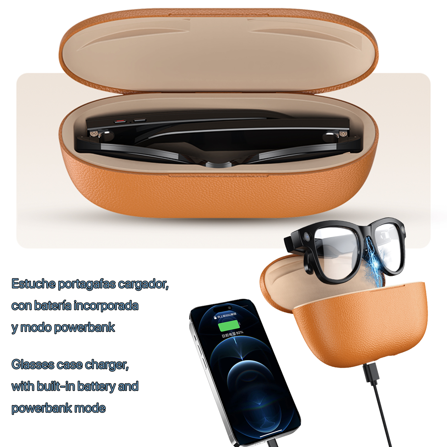 Orange Brille Etui mit Brille und aufgeladenem Handy.
