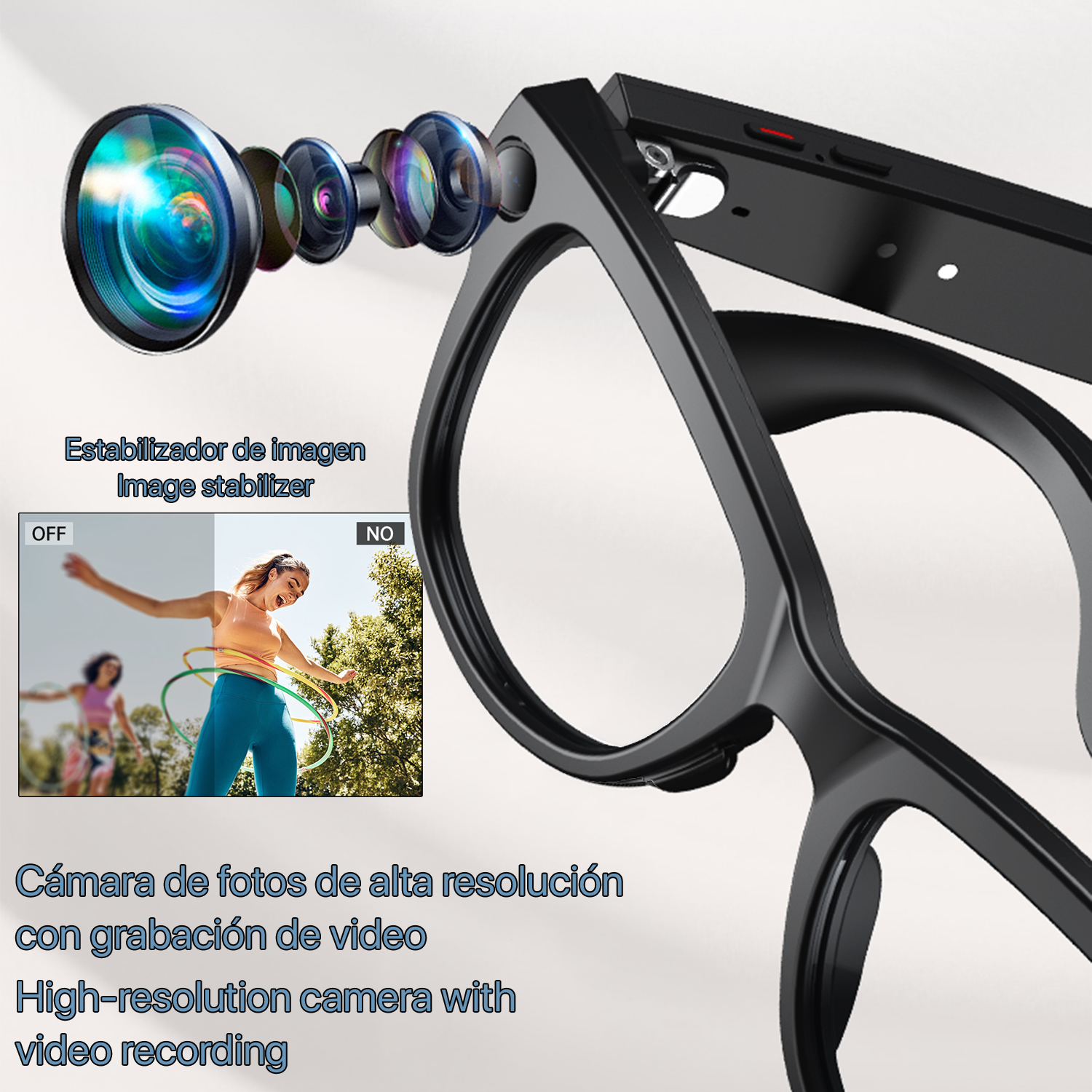 Brille mit Bildstabilisator und hochauflösender Kamera.