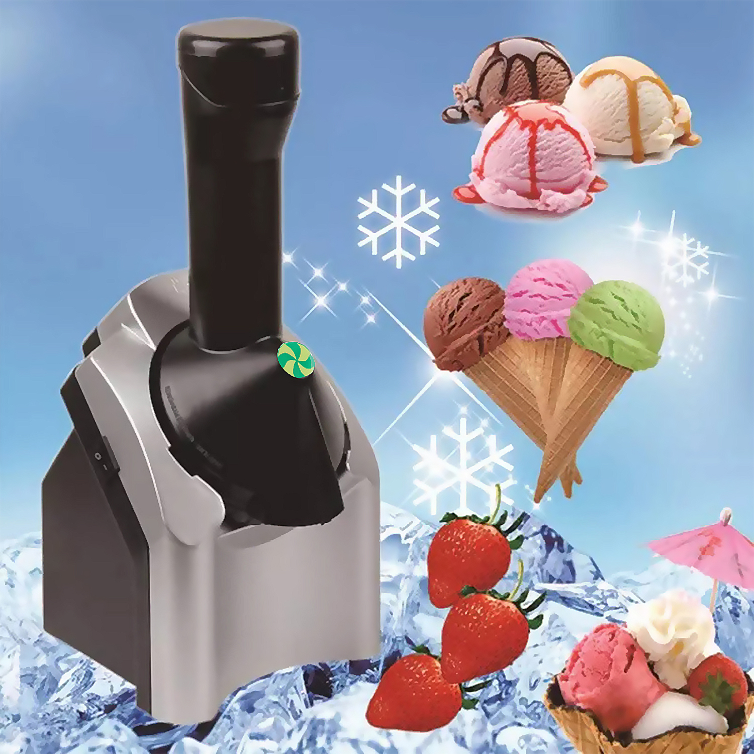 Eismaschine mit verschiedenen Eissorten, Erdbeeren und zerstoßenem Eis.
