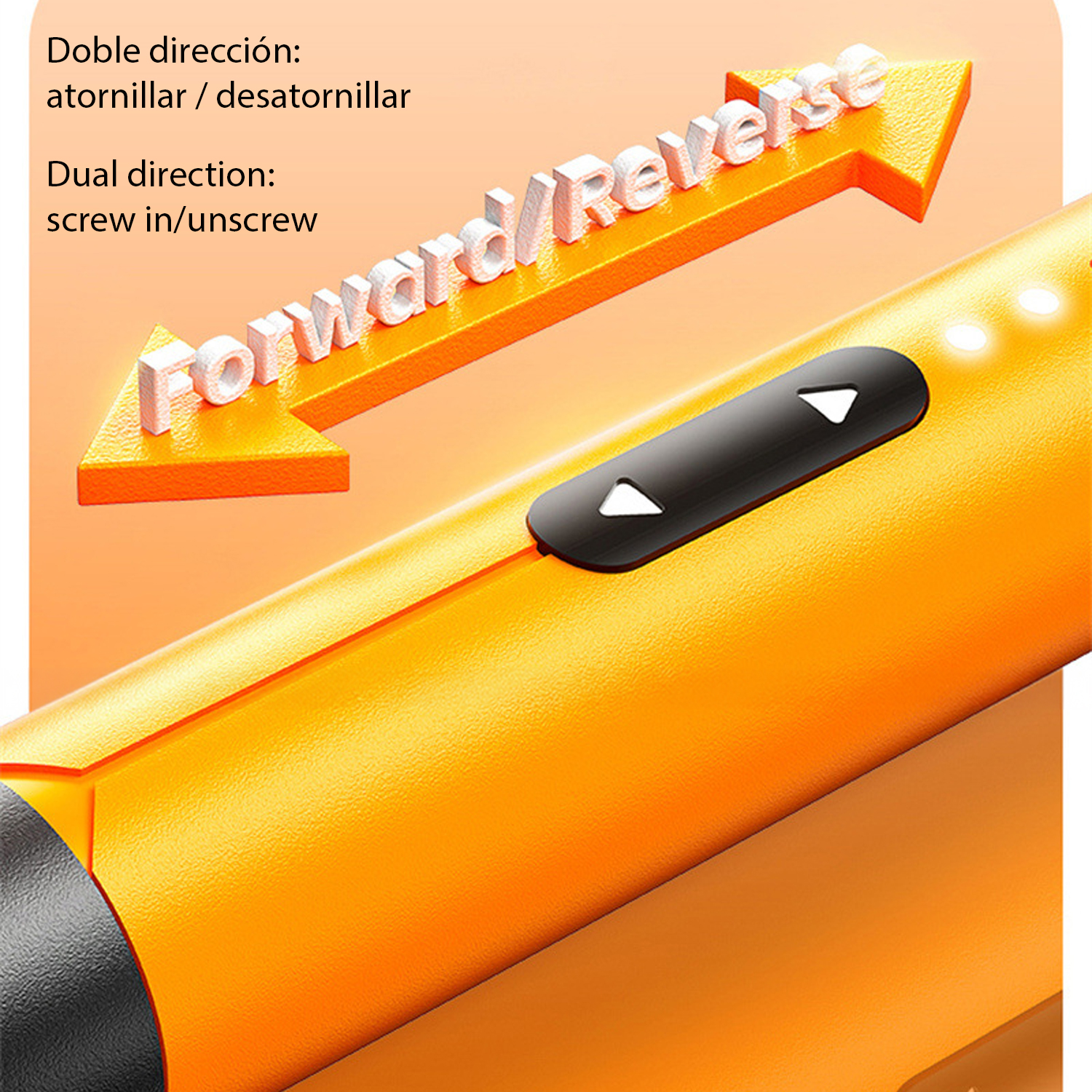 Orange Bohrmaschine mit Vor-/Rückwärts-Pfeil und Bedienelementen.