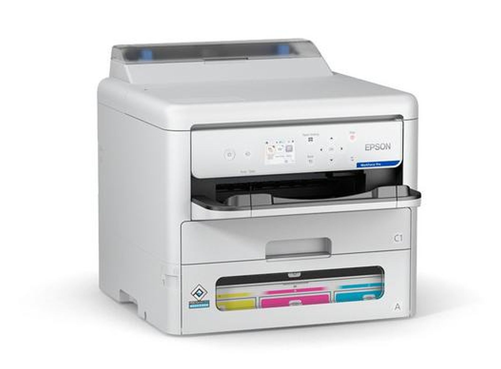 Biała drukarka Epson z szufladą na kolorowe wkłady atramentowe.