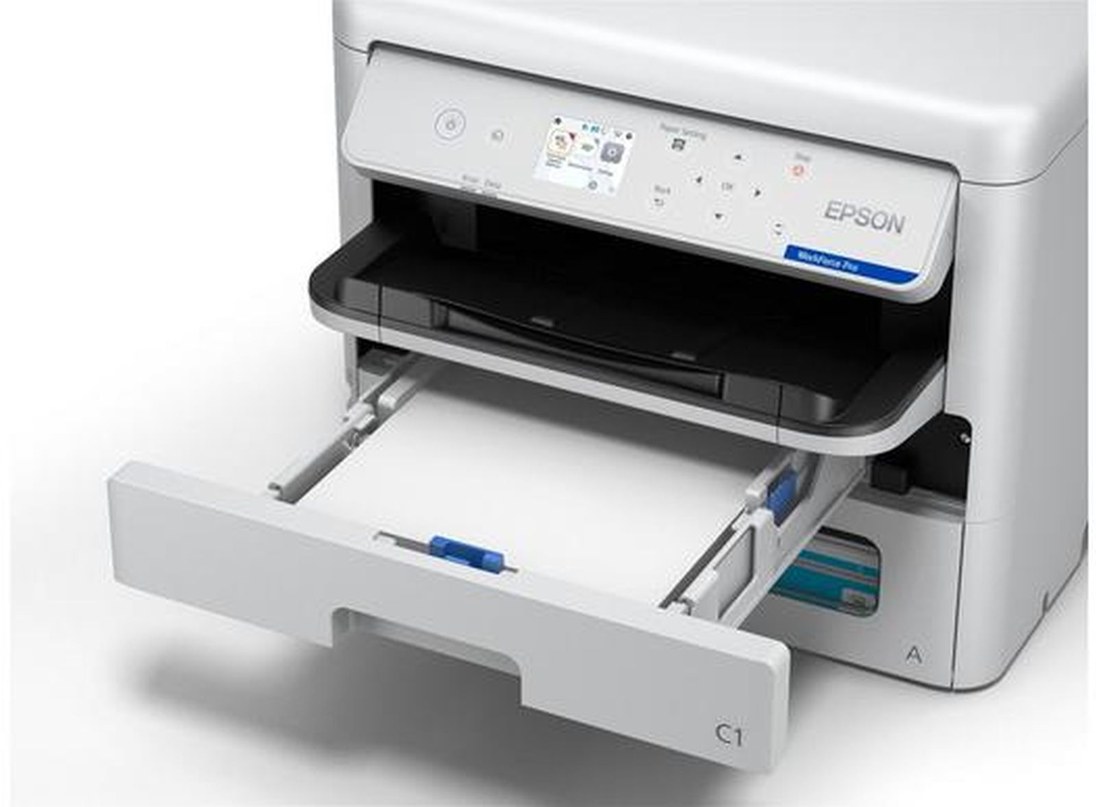 Biała drukarka Epson z wysuniętą szufladą na papier, załadowaną papierem.
