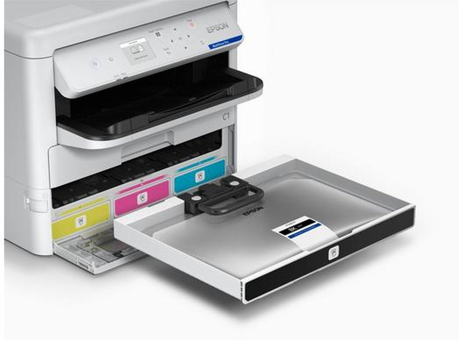 Biała drukarka Epson z wysuniętą tacą papieru i widocznymi wkładami z tuszem.