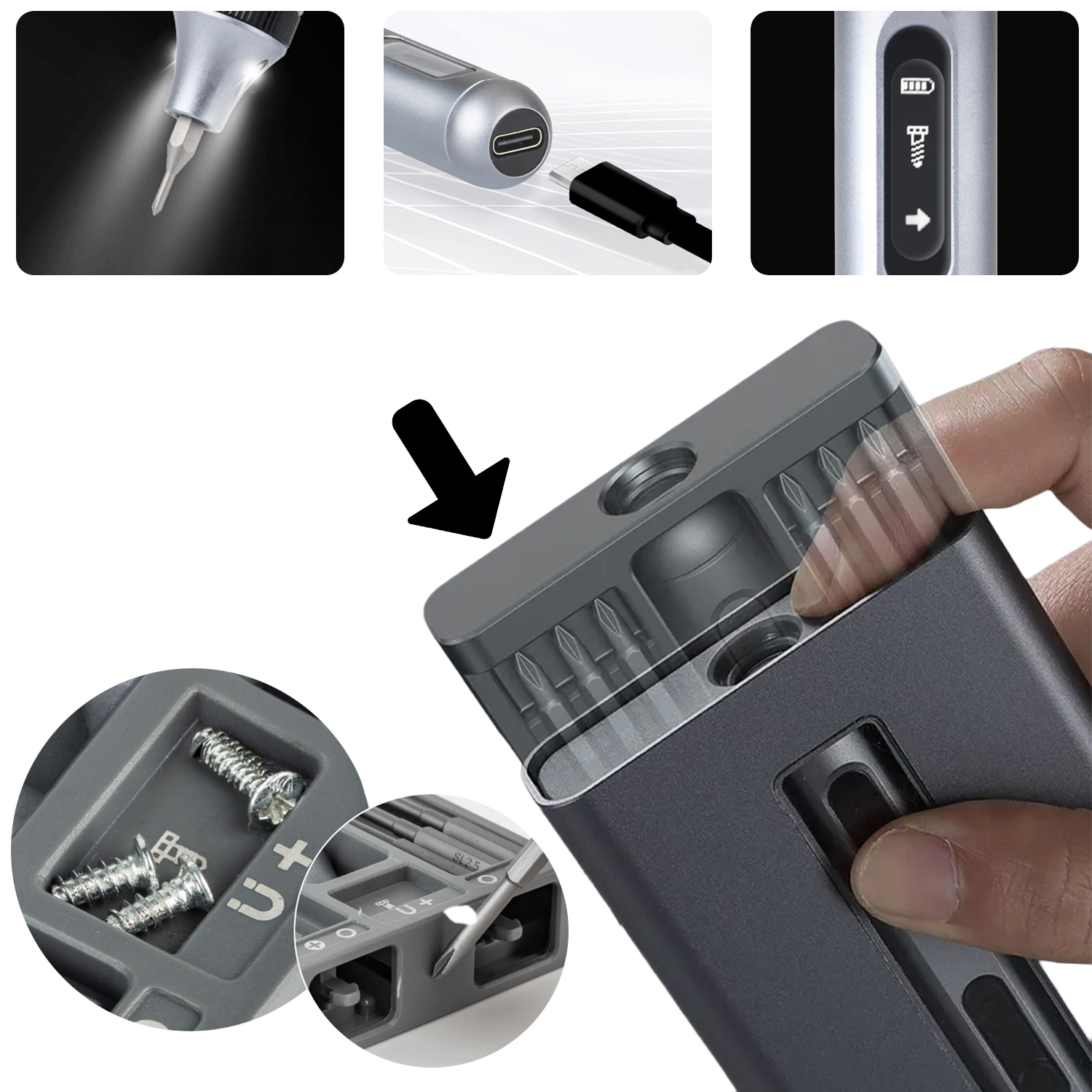 Destornillador eléctrico con luz LED, puerto USB-C, indicador de batería y puntas.